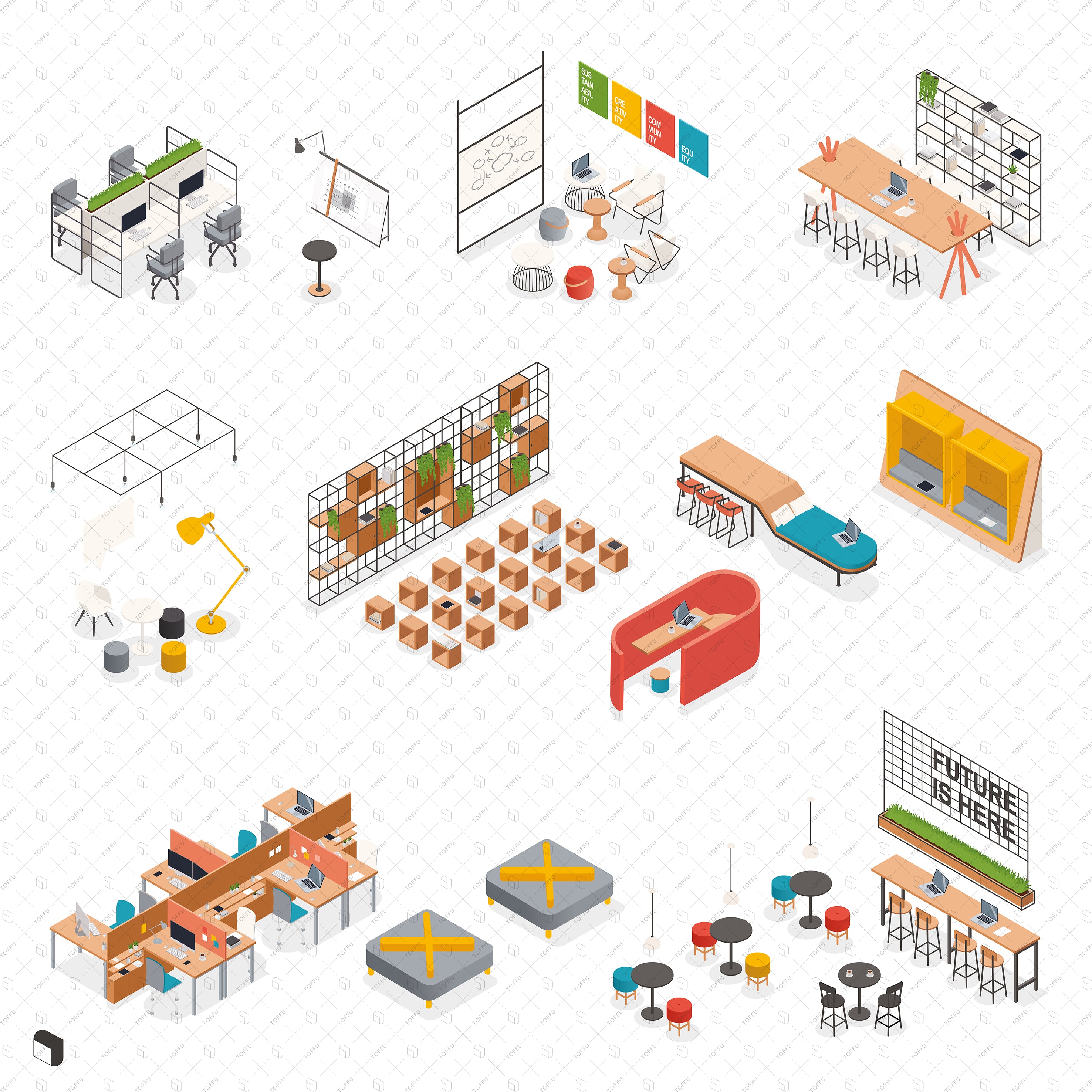 Axonometric Office Furniture 2 PNG - Toffu Co