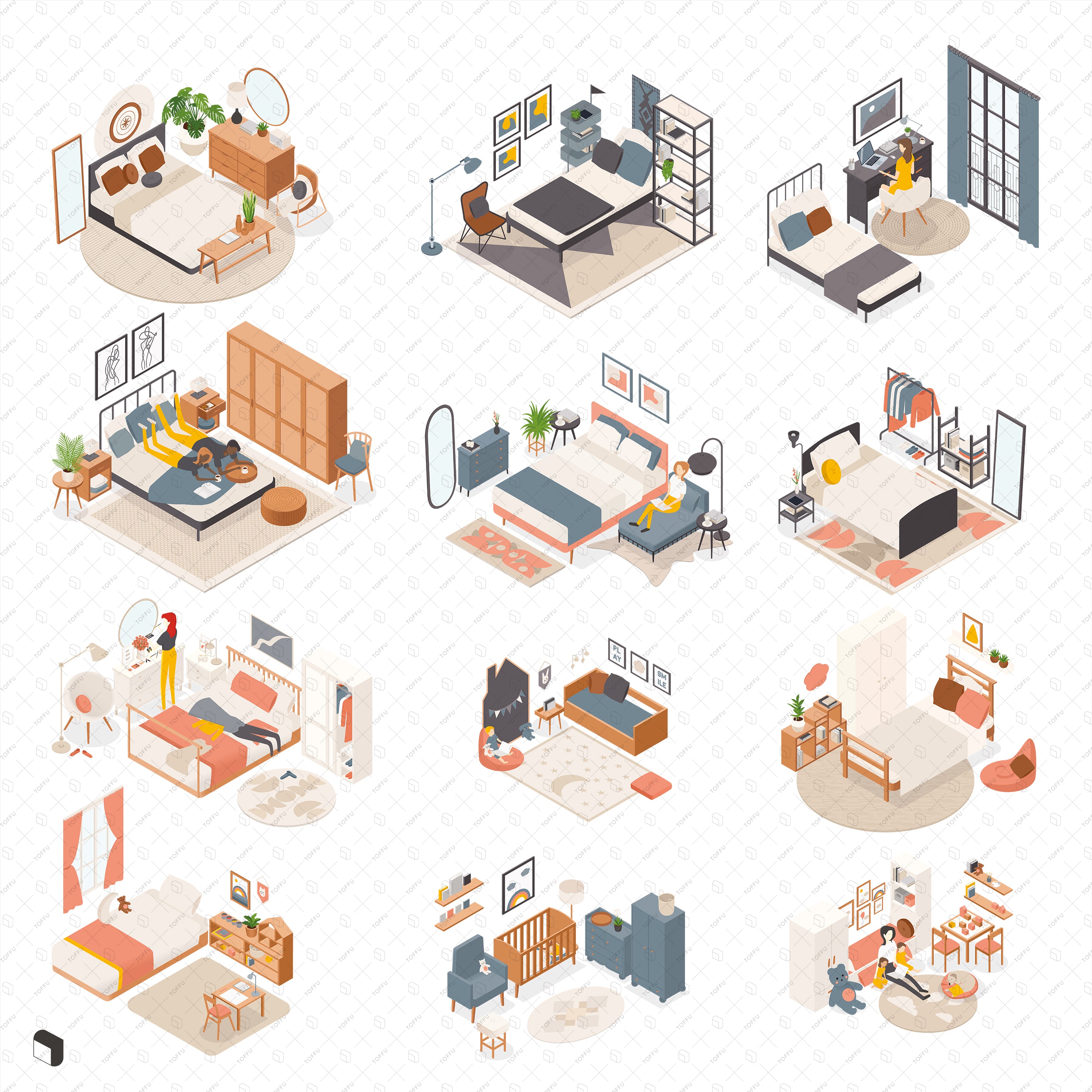 Axonometric Bedroom People & Furniture PNG - Toffu Co