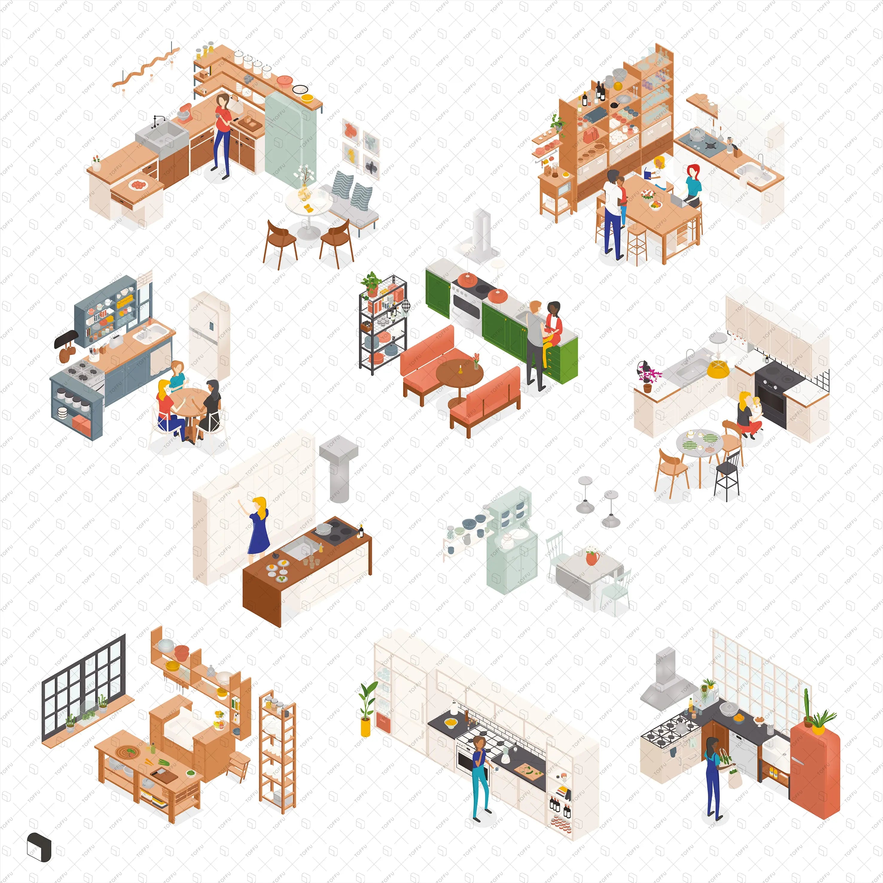 Axonometric Kitchen People & Furniture Digital Artwork drawings | Toffu Co