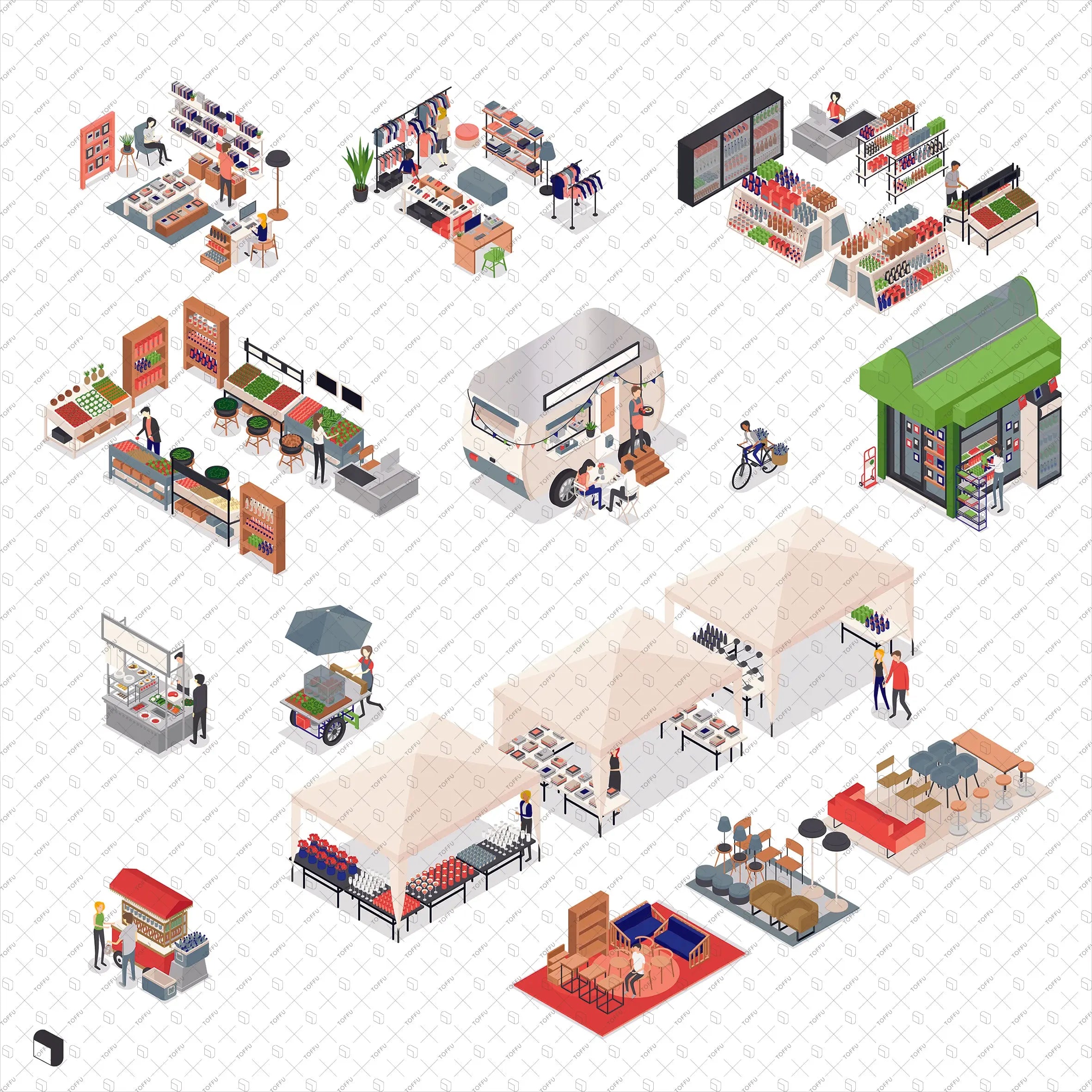Axonometric Stores Furniture & People Digital Artwork drawings | Toffu Co