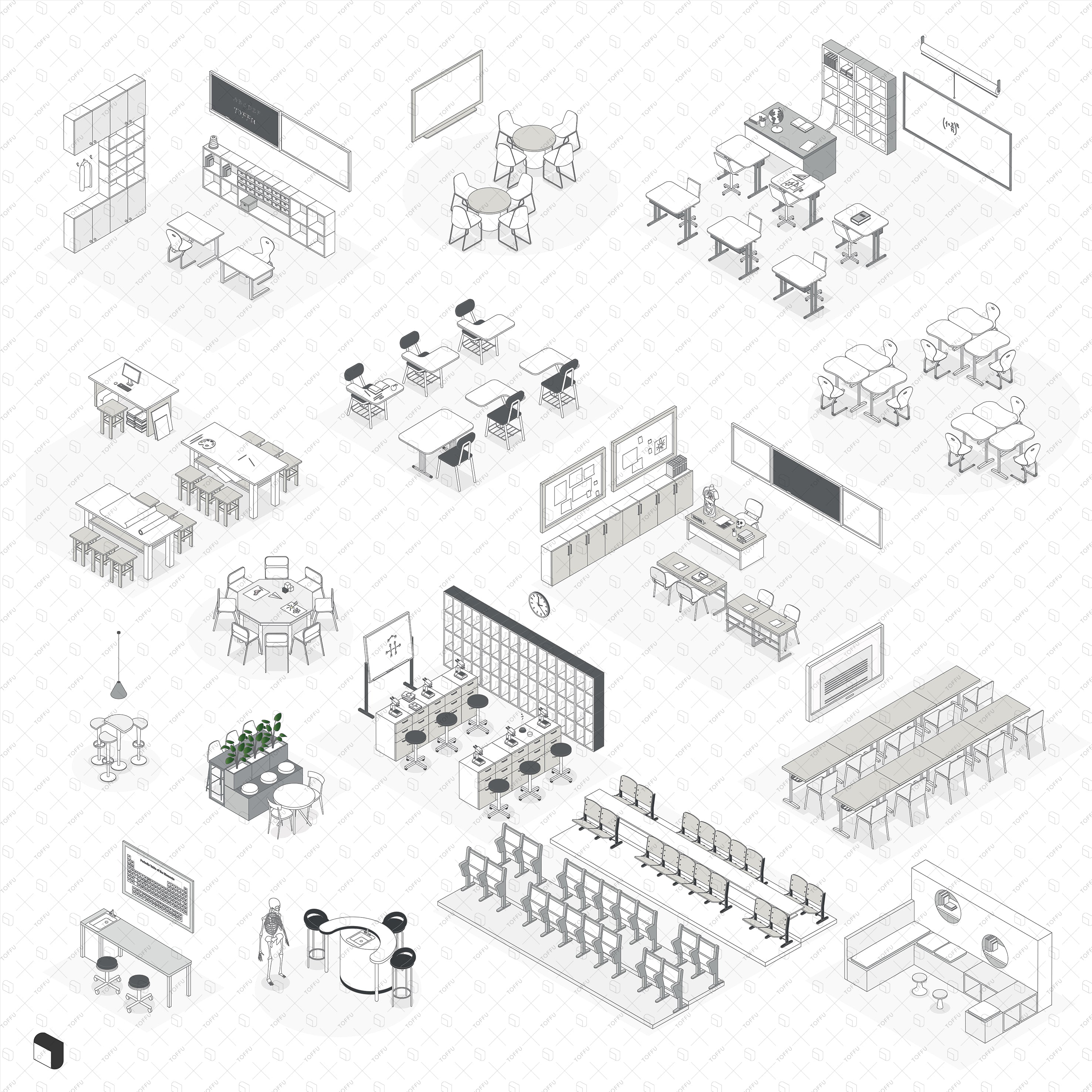 Axonometric School Furniture PNG - Toffu Co