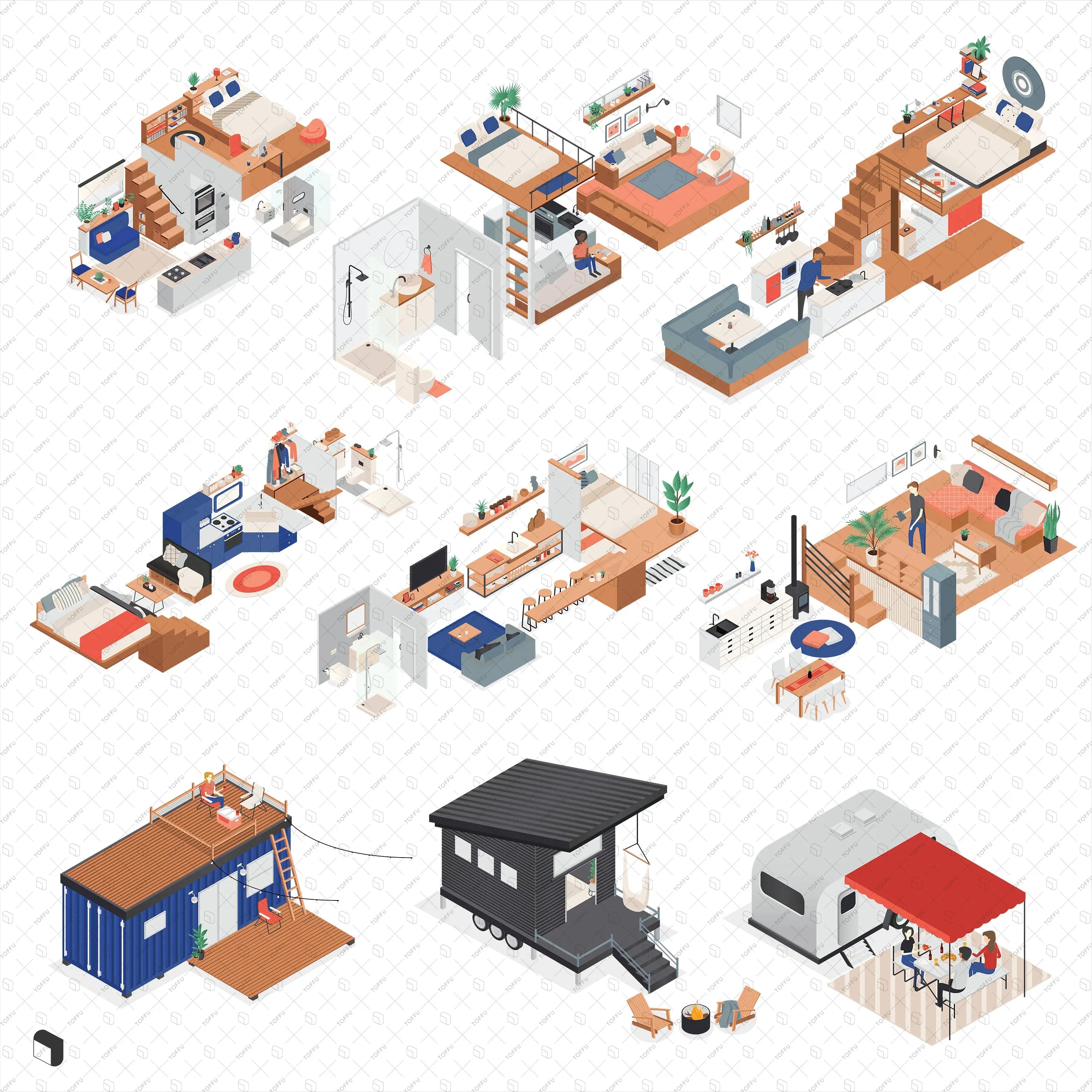Axonometric Tiny House Furniture & People Digital Artwork drawings | Toffu Co