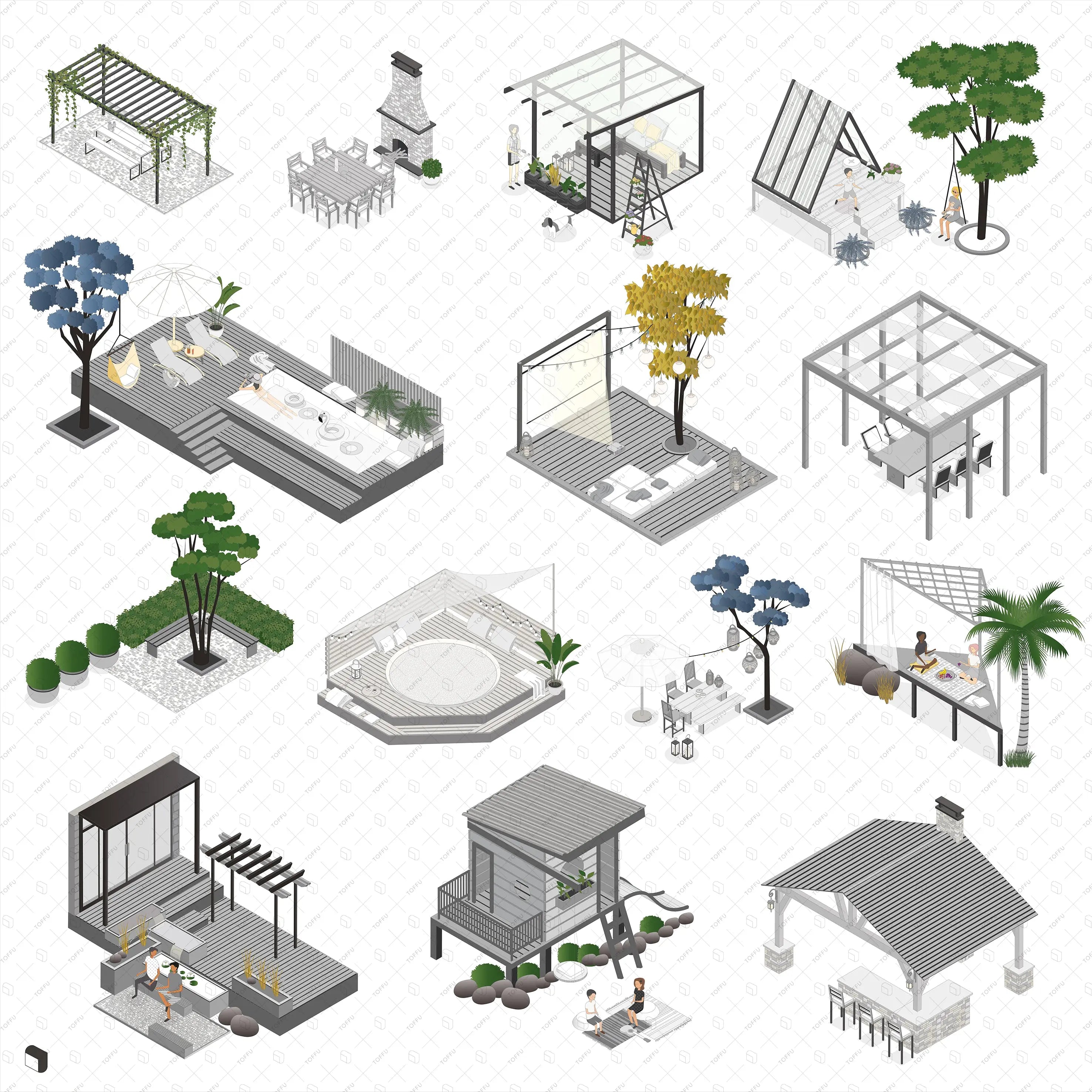 Axonometric Backyard Furniture & Vegetation Digital Artwork drawings | Toffu Co