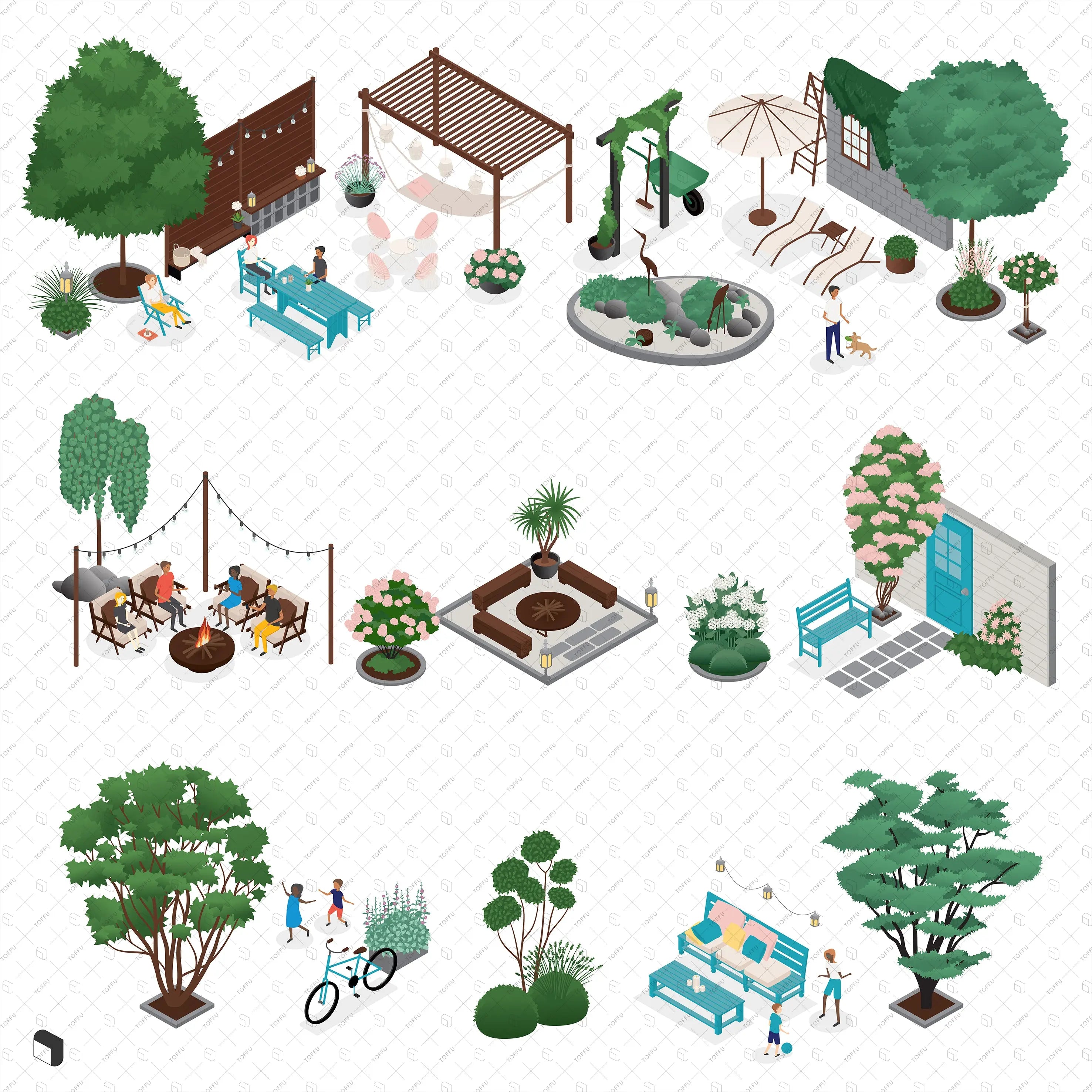 Axonometric Home Garden Furniture & Vegetation Digital Artwork drawings | Toffu Co