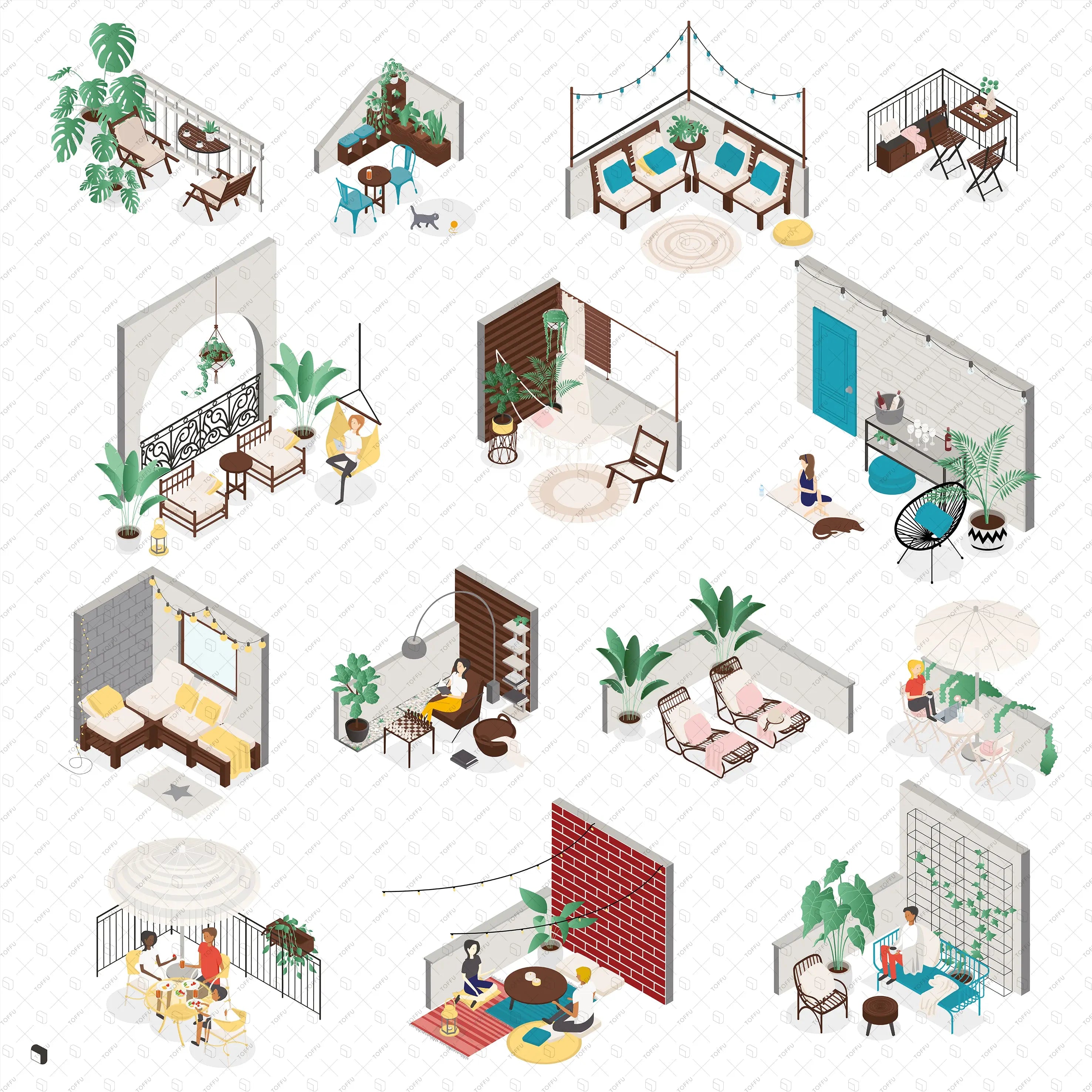 Axonometric Terrace & Balcony Furniture Digital Artwork drawings | Toffu Co