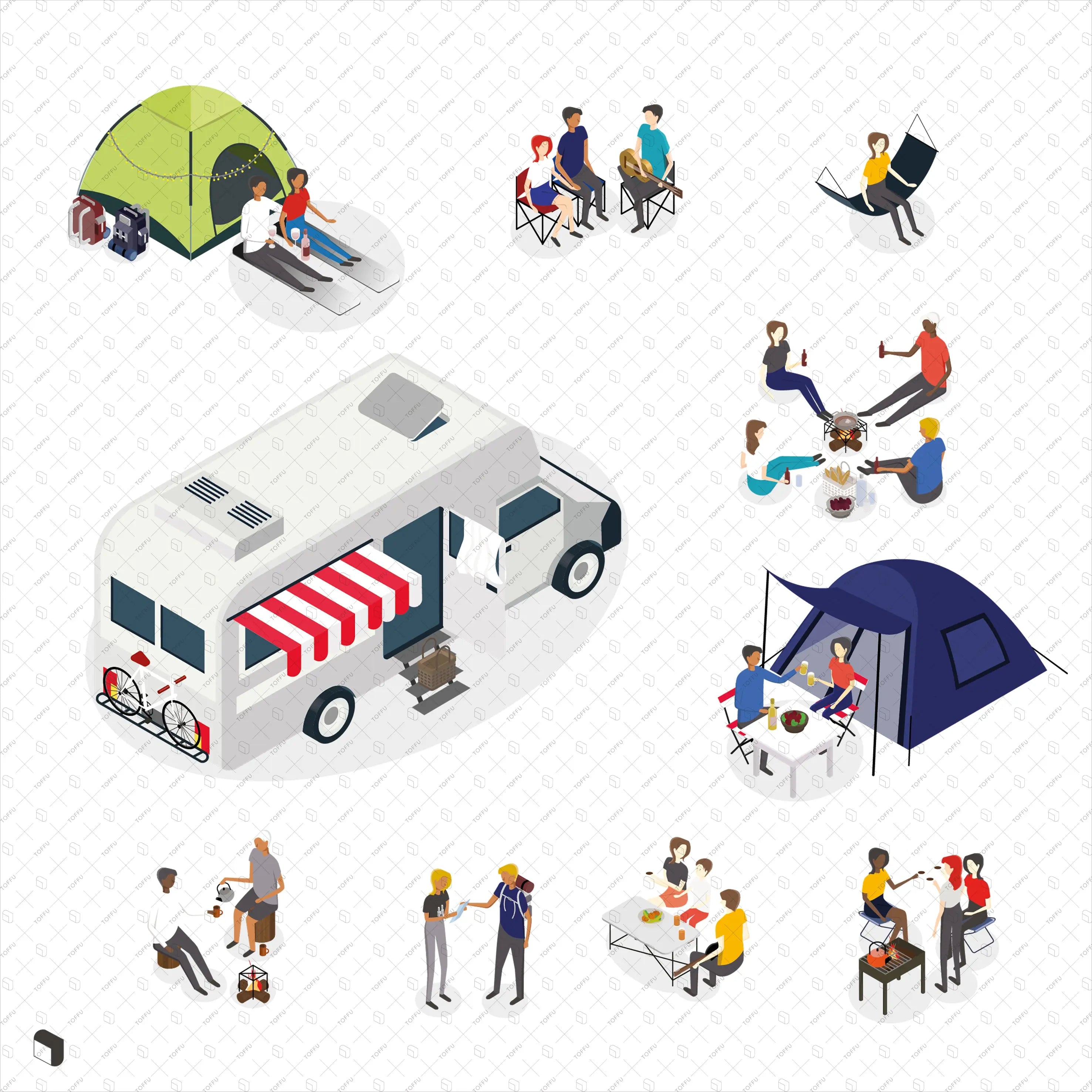 Axonometric Camping People Digital Artwork drawings | Toffu Co