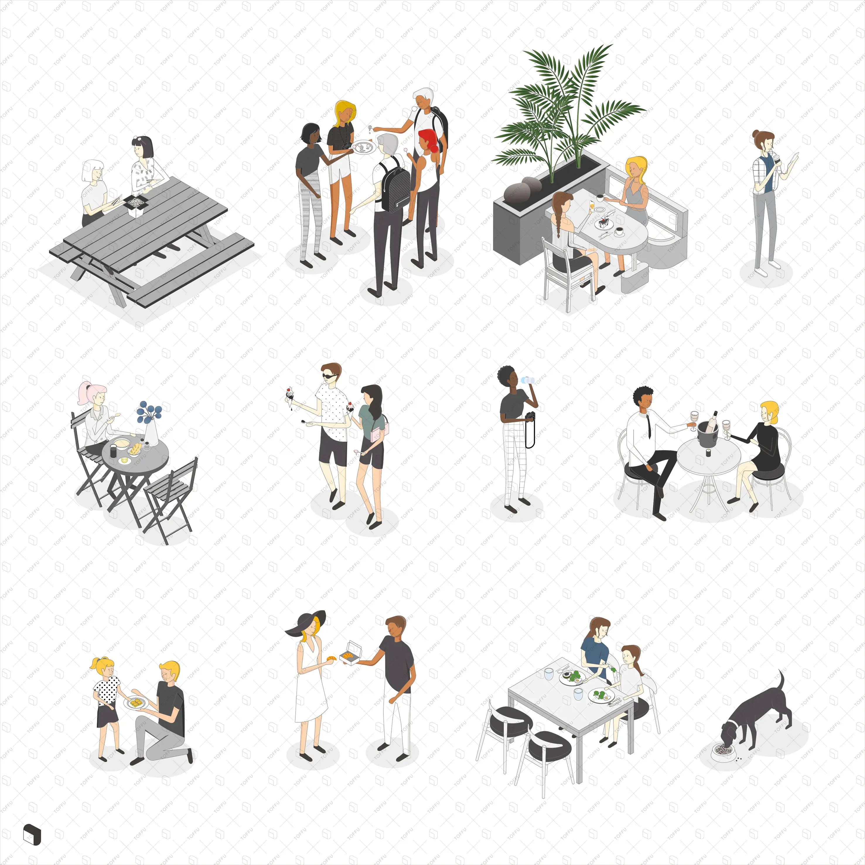 Axonometric Foodies Digital Artwork drawings | Toffu Co
