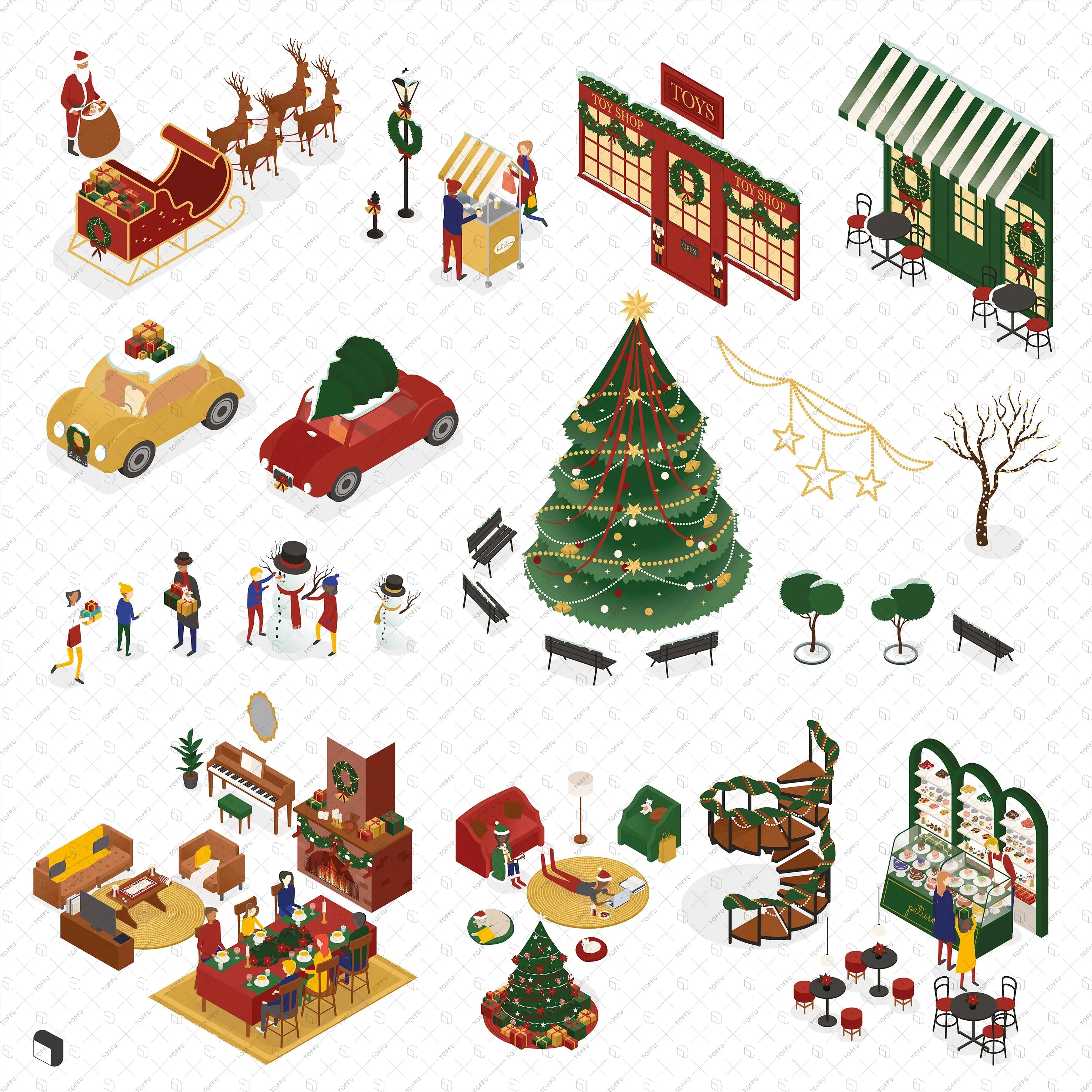 Axonometric Christmas Furniture & People Digital Artwork drawings | Toffu Co
