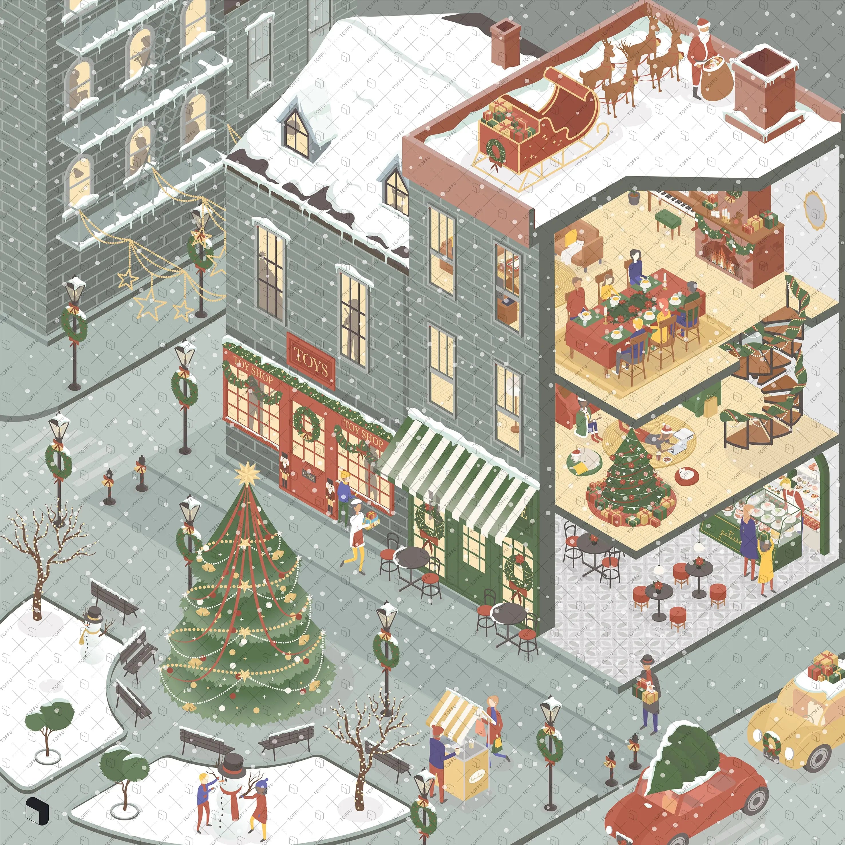 Axonometric Christmas Furniture & People Digital Artwork drawings | Toffu Co