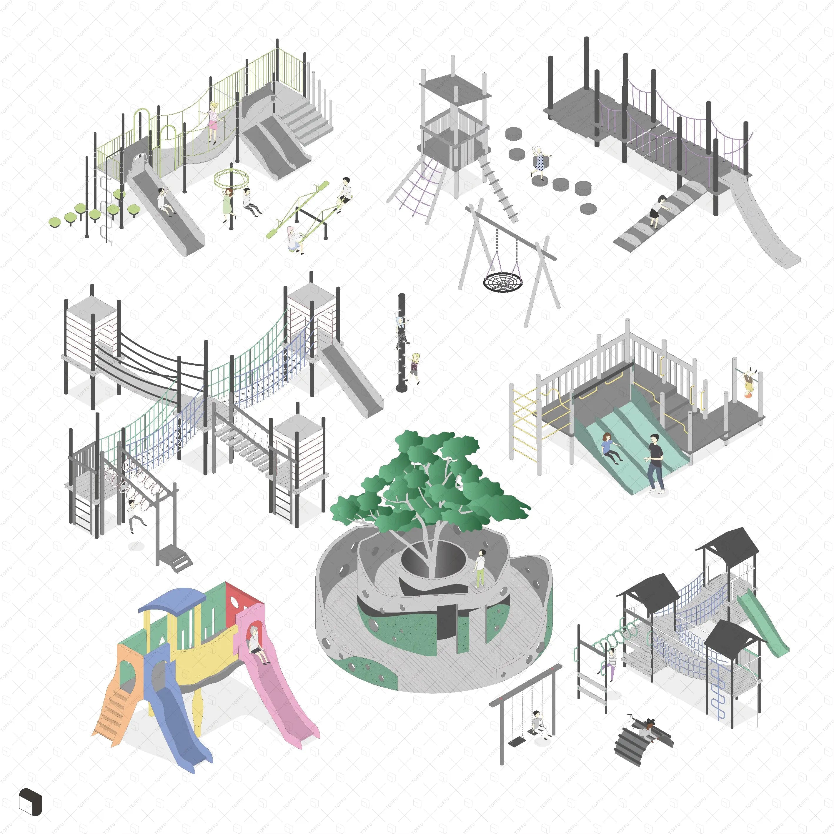 Axonometric Playground Digital Artwork drawings | Toffu Co