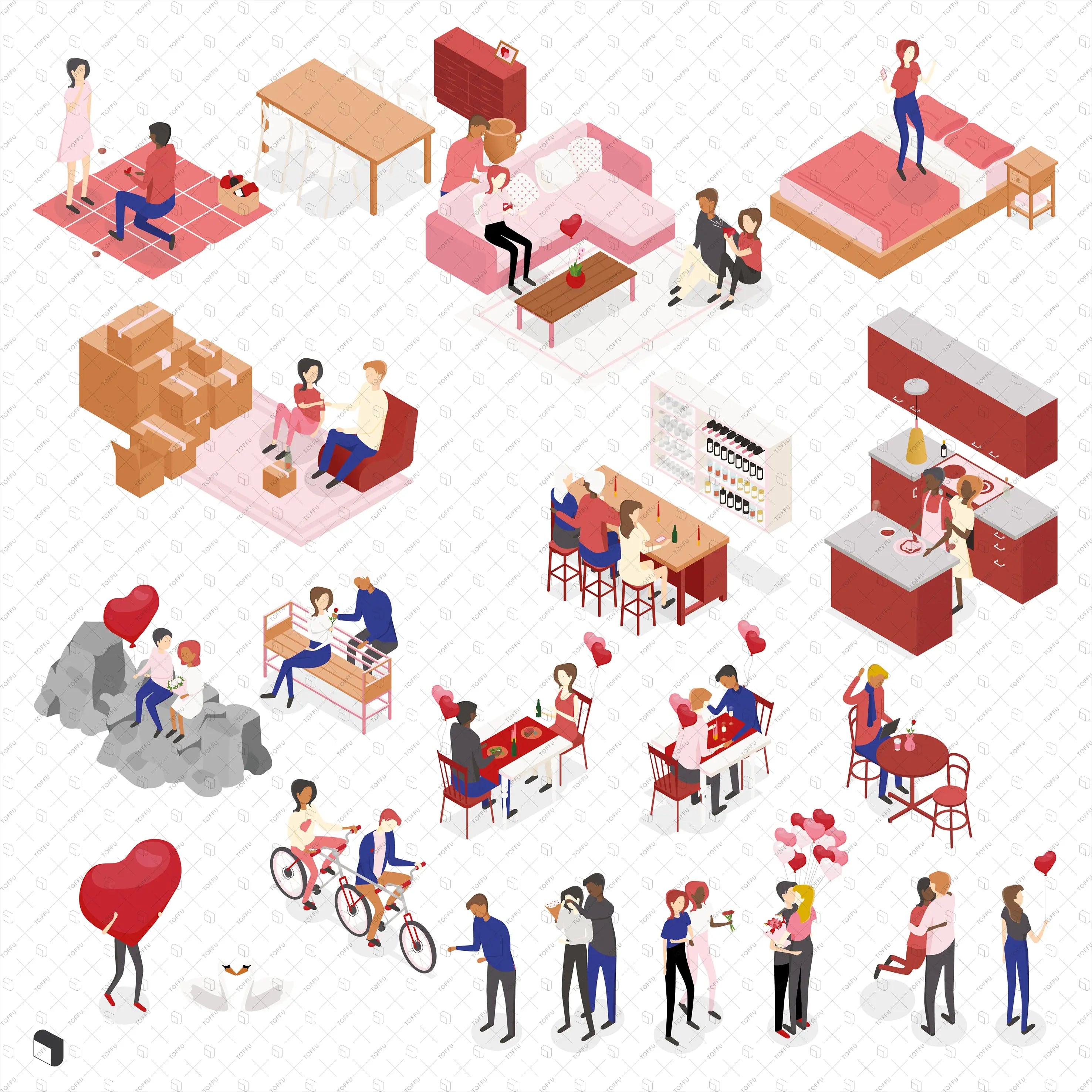 Axonometric Valentines's Day Furniture & People Digital Artwork drawings | Toffu Co