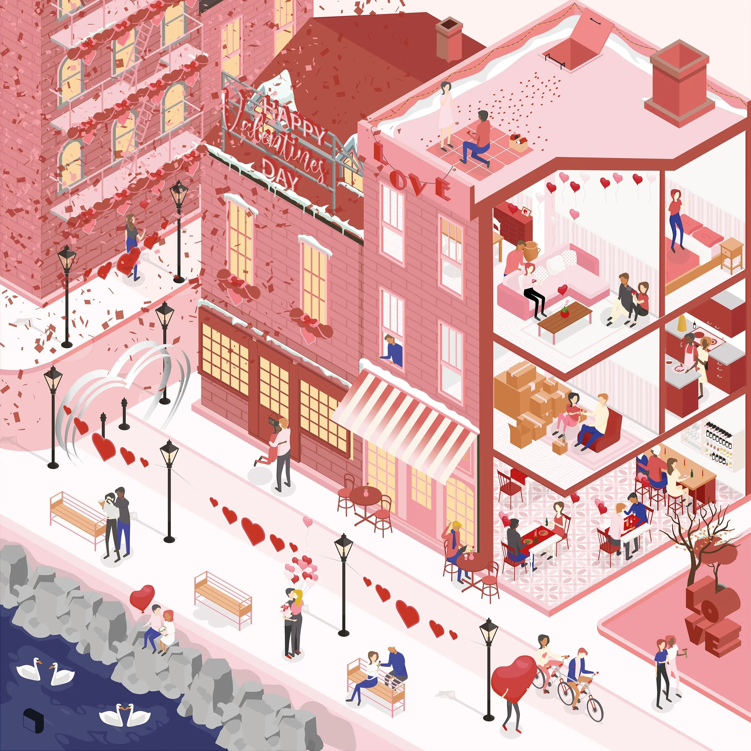 Axonometric Valentines's Day Furniture & People Digital Artwork drawings | Toffu Co