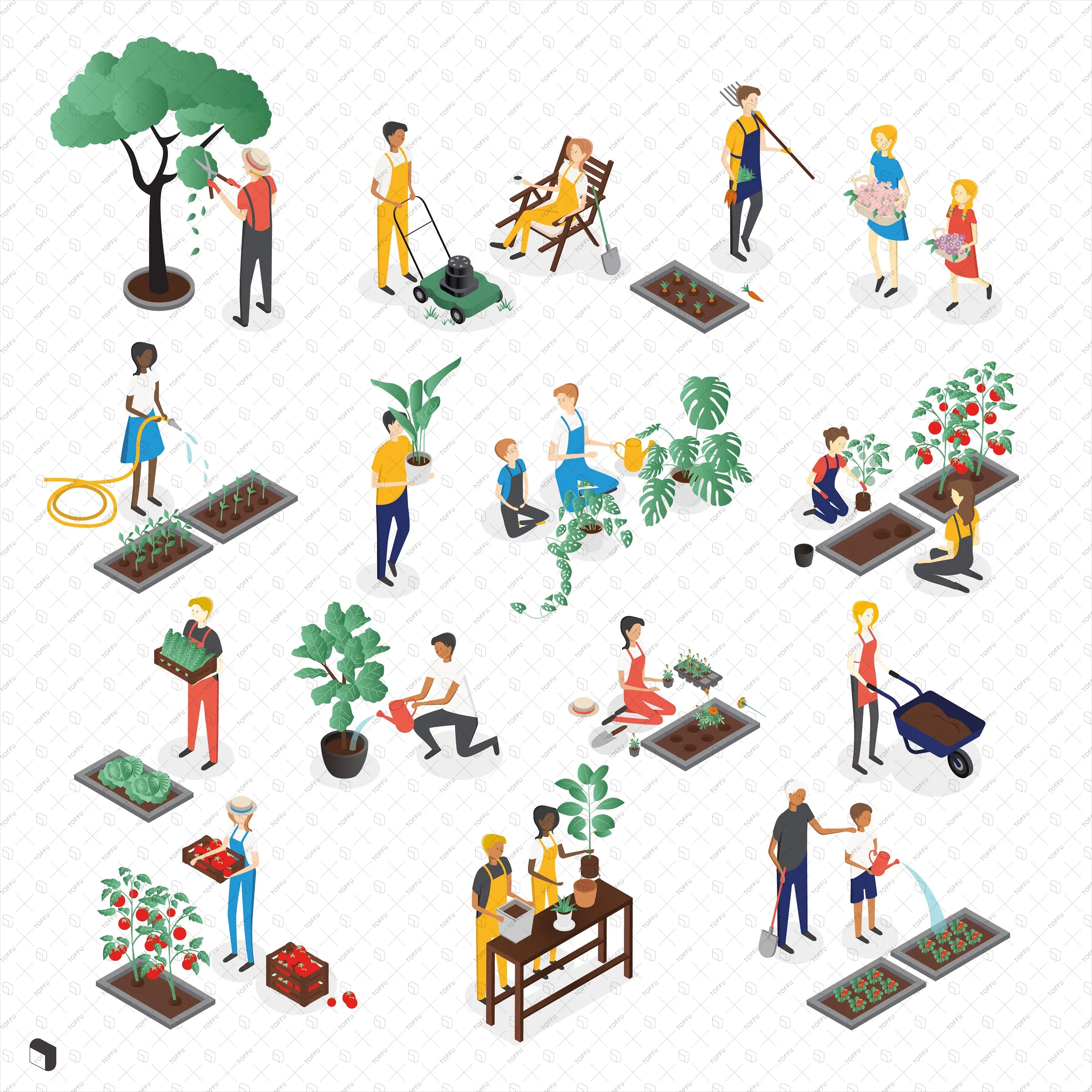 Axonometric Gardening People Digital Artwork drawings | Toffu Co
