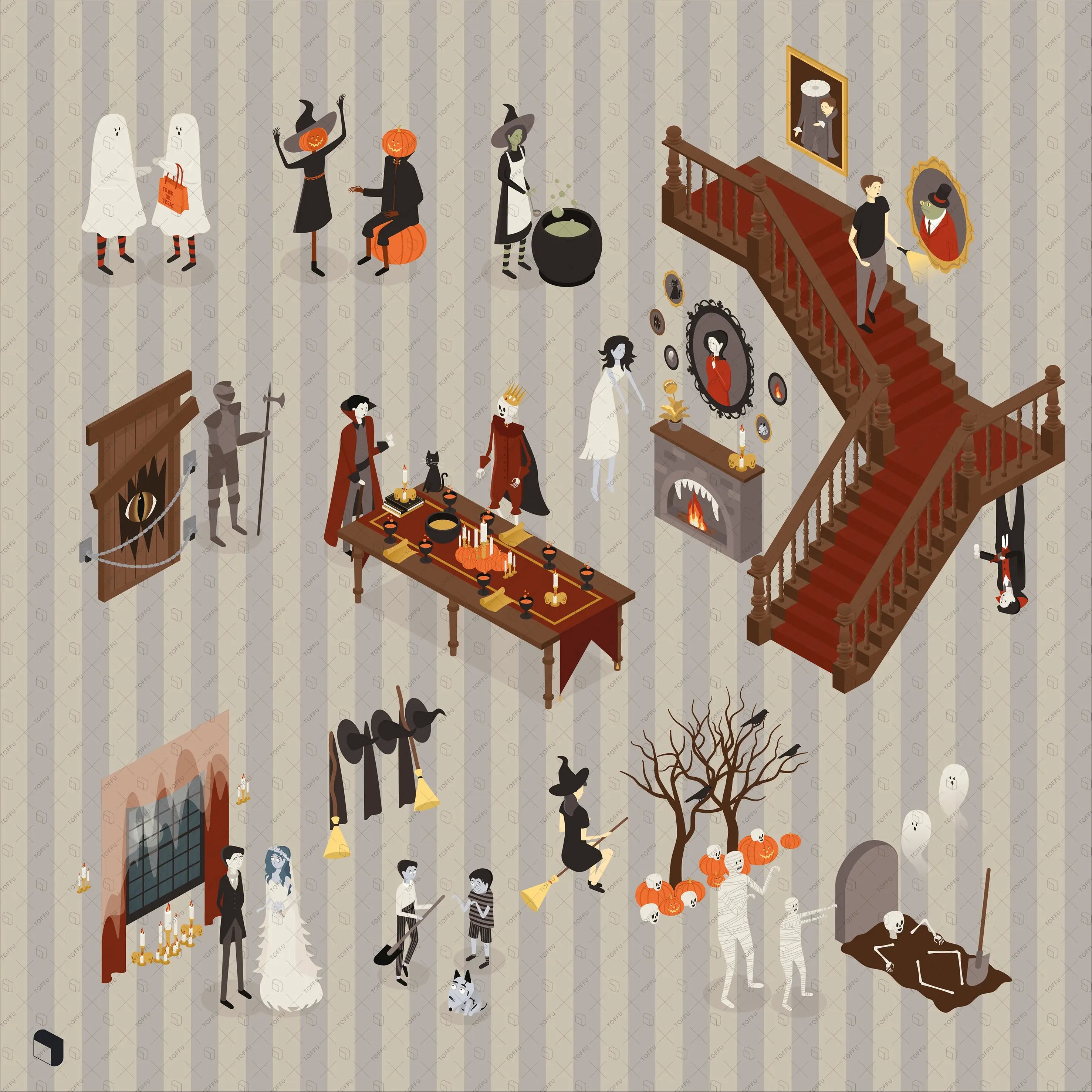 Axonometric Halloween Digital Artwork drawings | Toffu Co