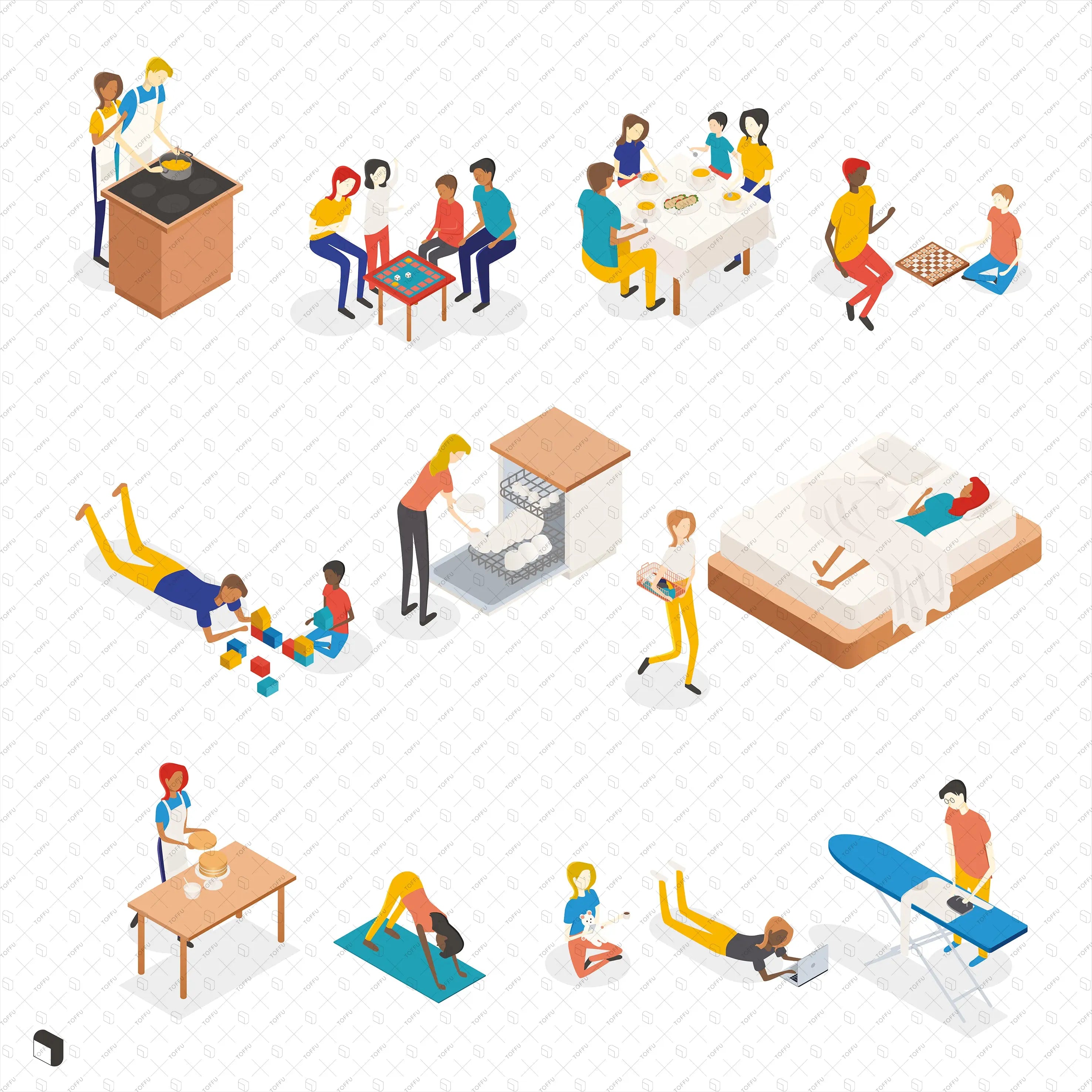 Axonometric Home Activities Digital Artwork drawings | Toffu Co