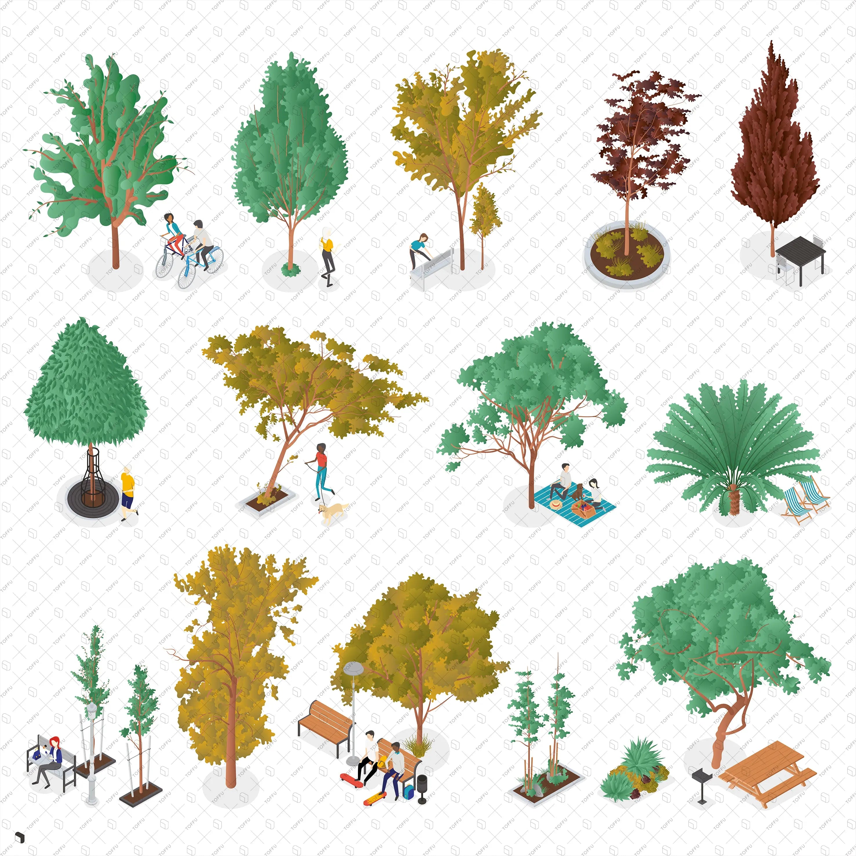 Axonometric Park People & Vegetation Digital Artwork drawings | Toffu Co