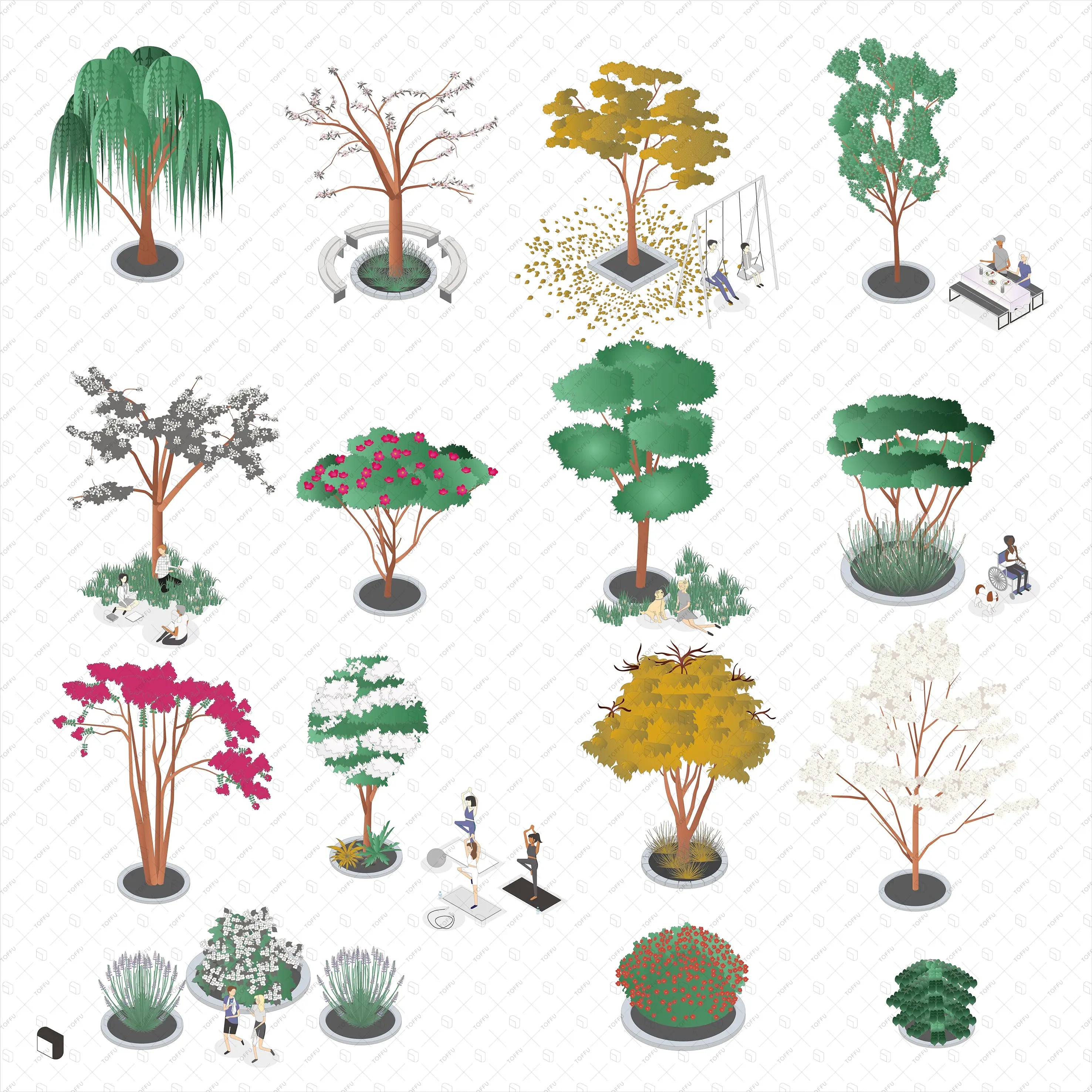 Axonometric Park People & Vegetation 2 Digital Artwork drawings | Toffu Co