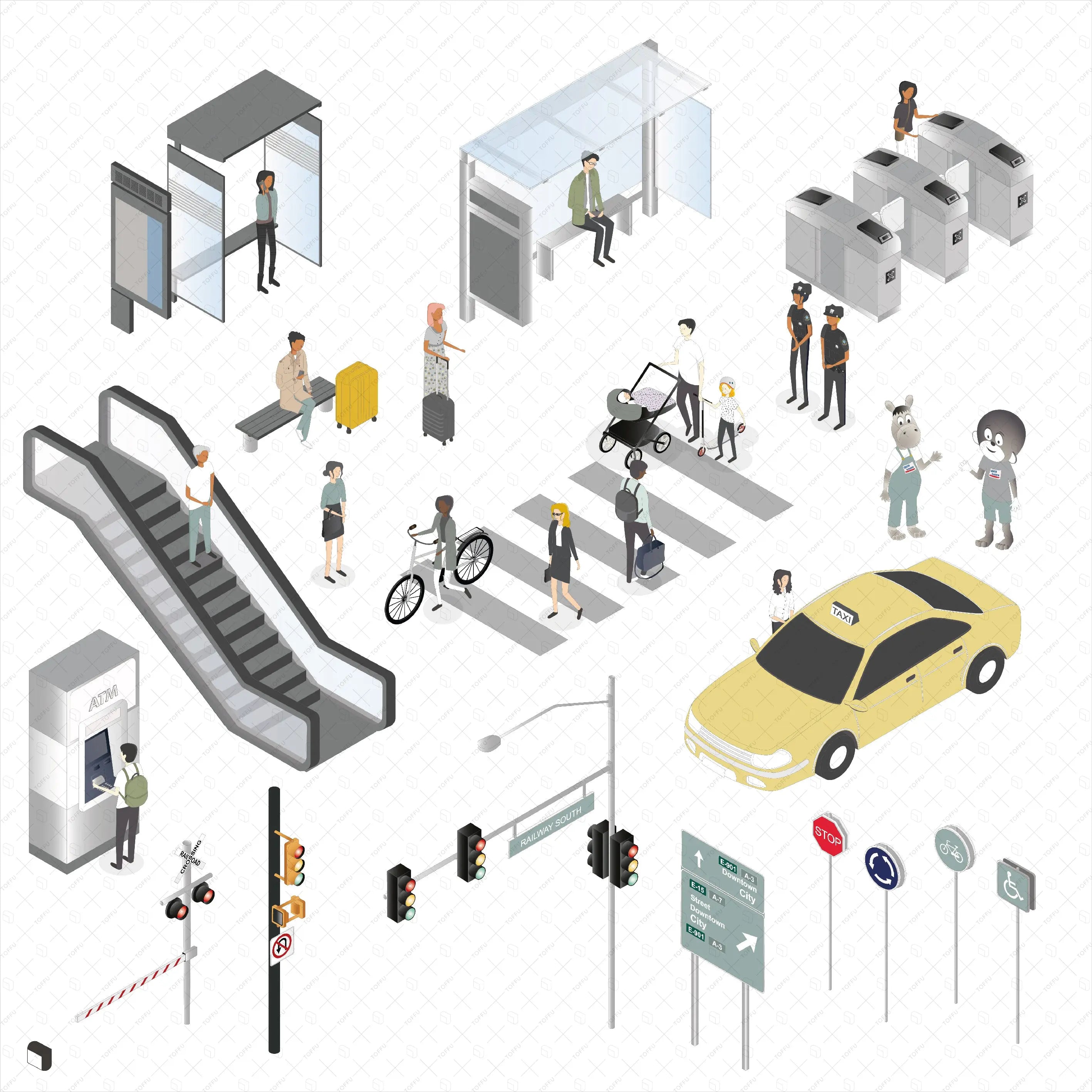 Axonometric Urban Furniture & People Digital Artwork drawings | Toffu Co