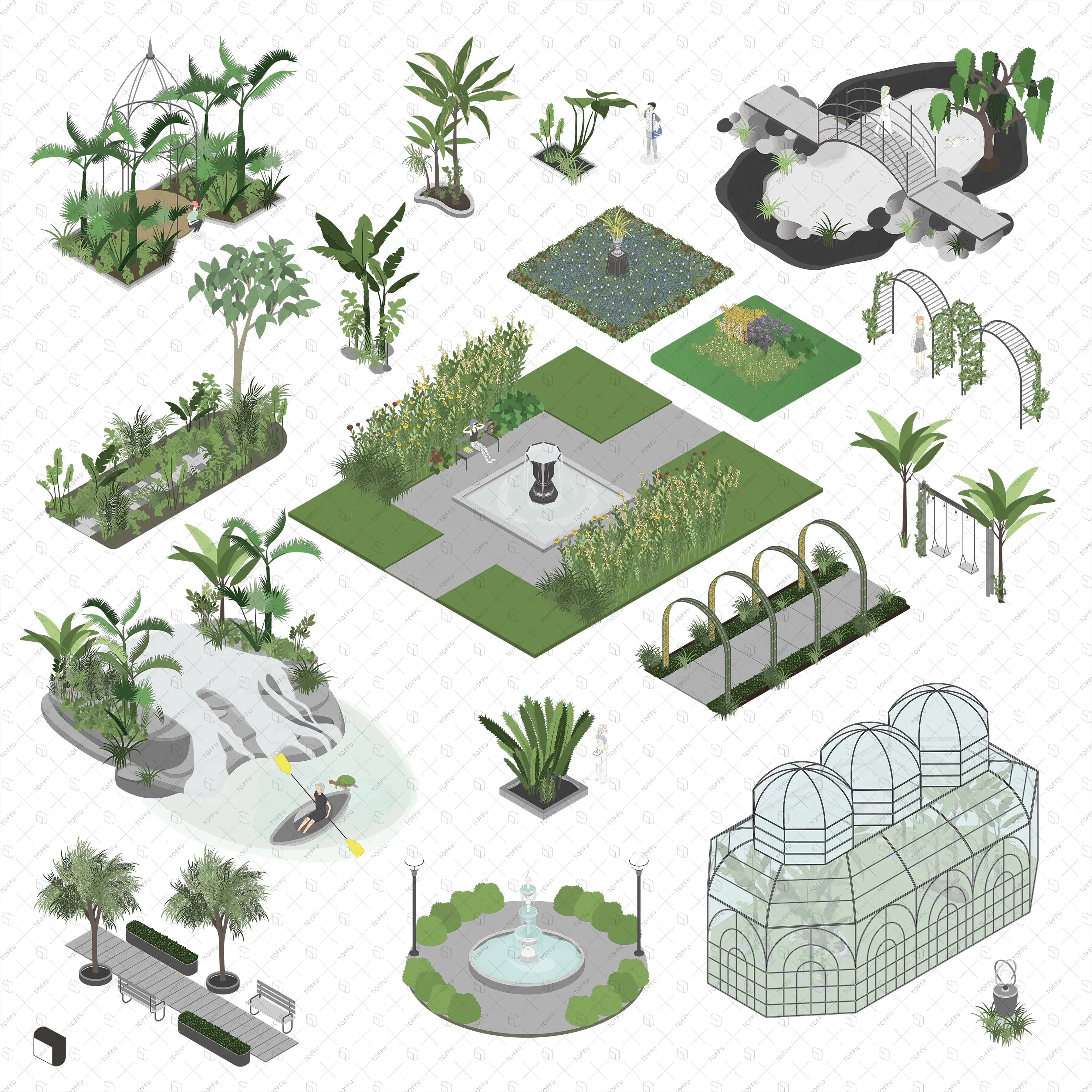 Axonometric Botanical Garden Digital Artwork drawings | Toffu Co
