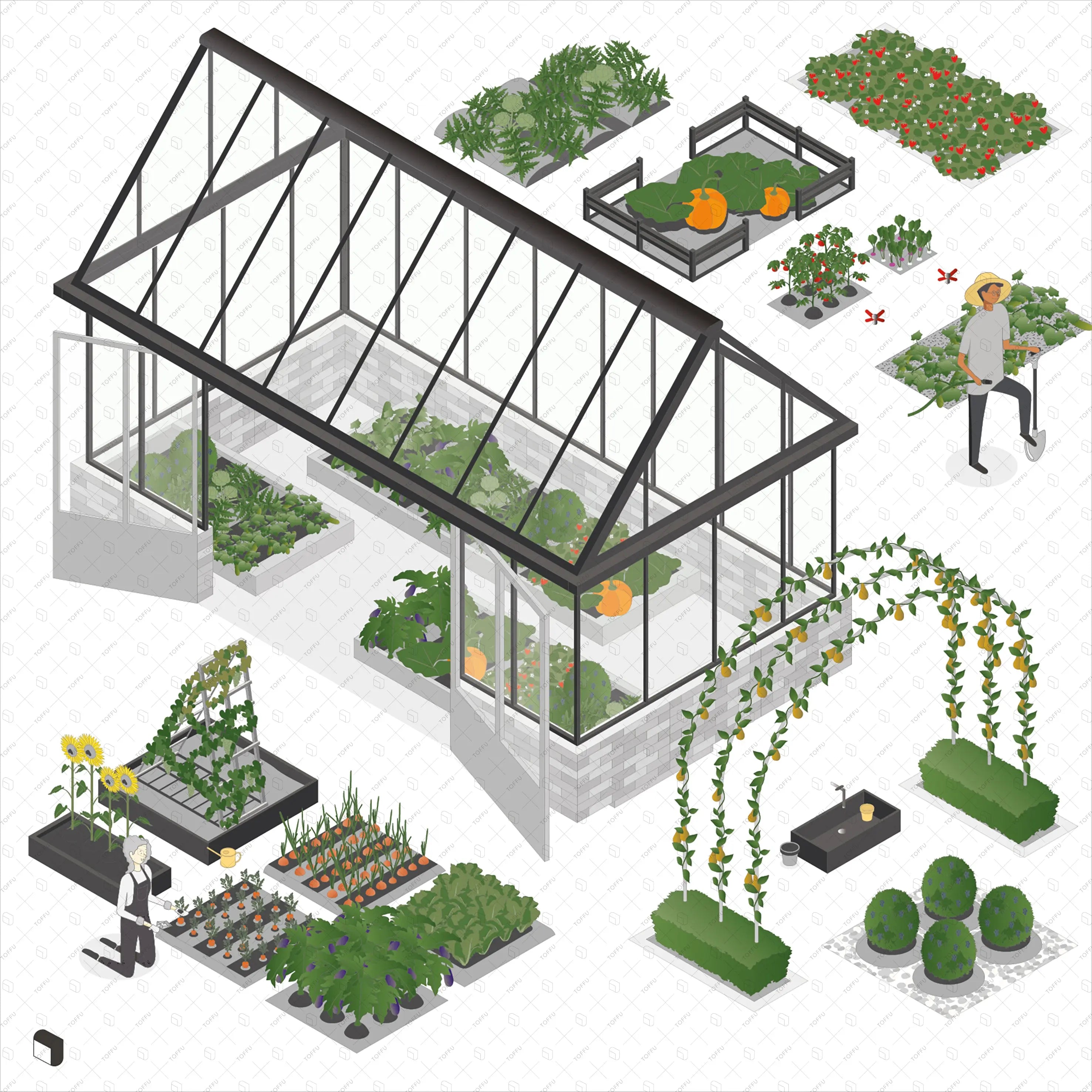 Axonometric Green House Digital Artwork drawings | Toffu Co