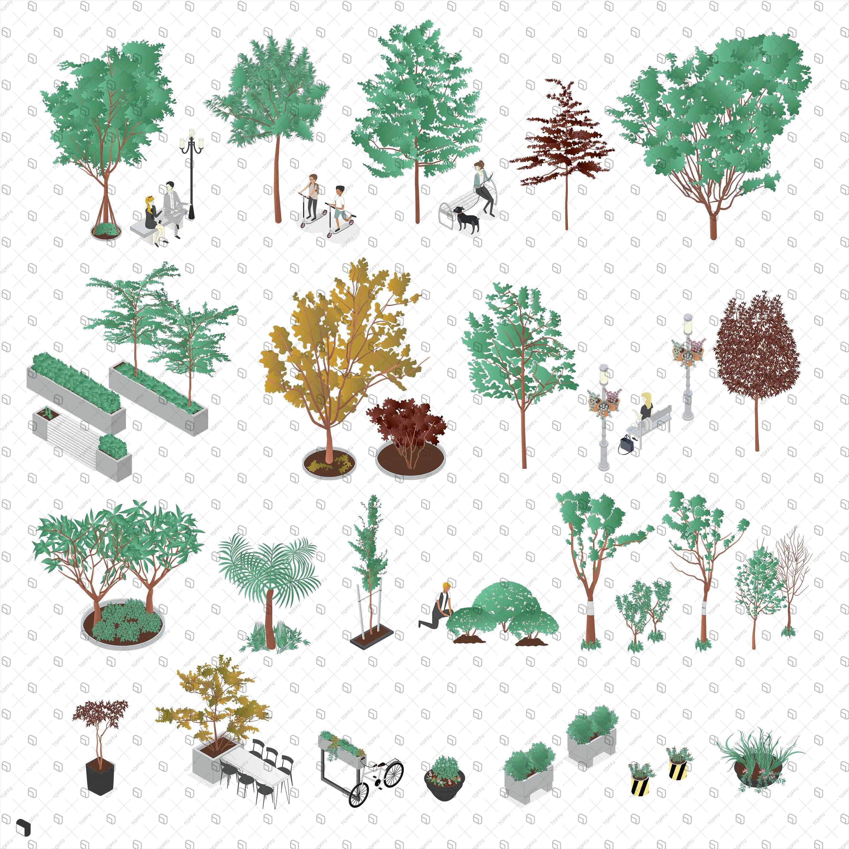 Axonometric Urban People & Vegetation Digital Artwork drawings | Toffu Co
