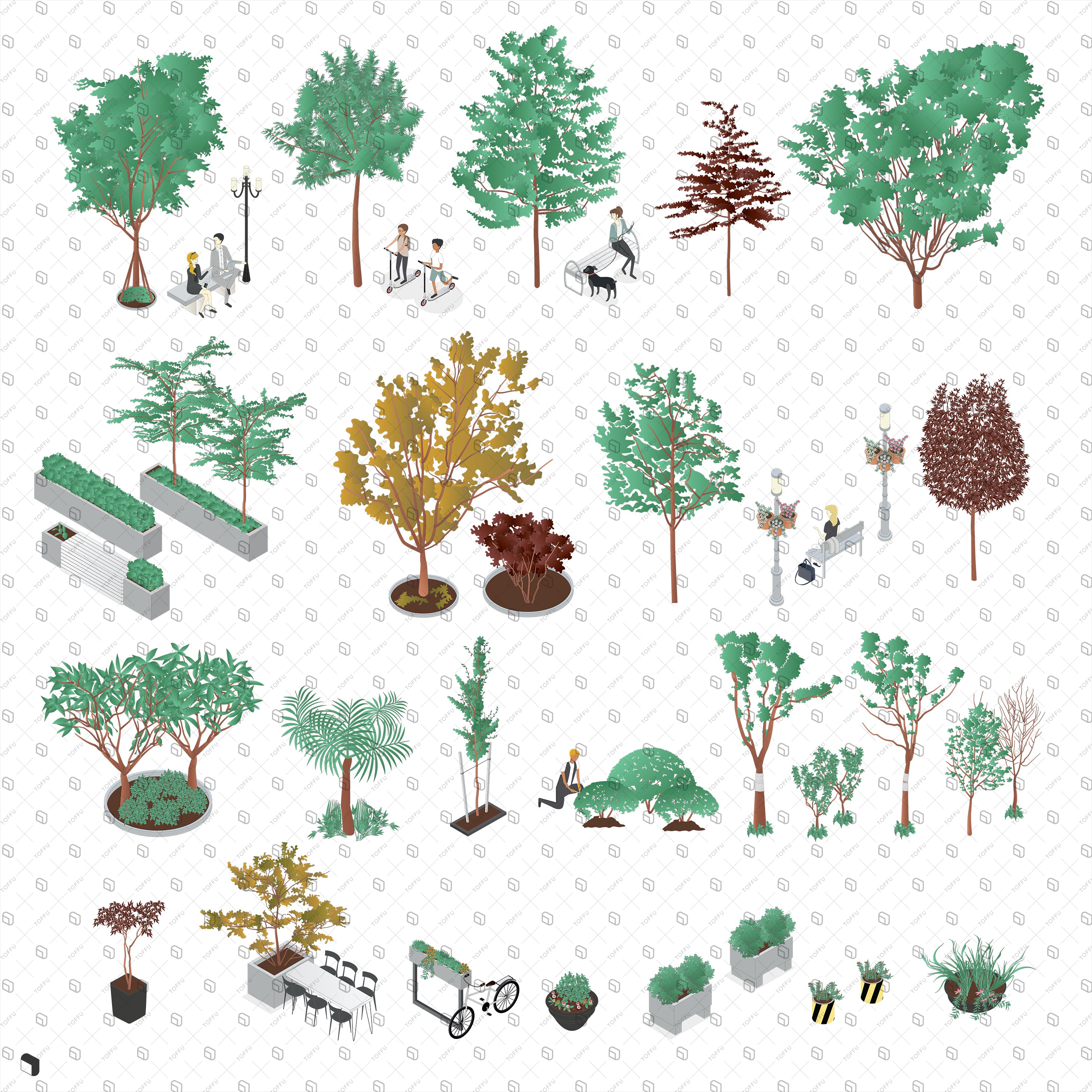 Axonometric Urban People & Vegetation PNG - Toffu Co