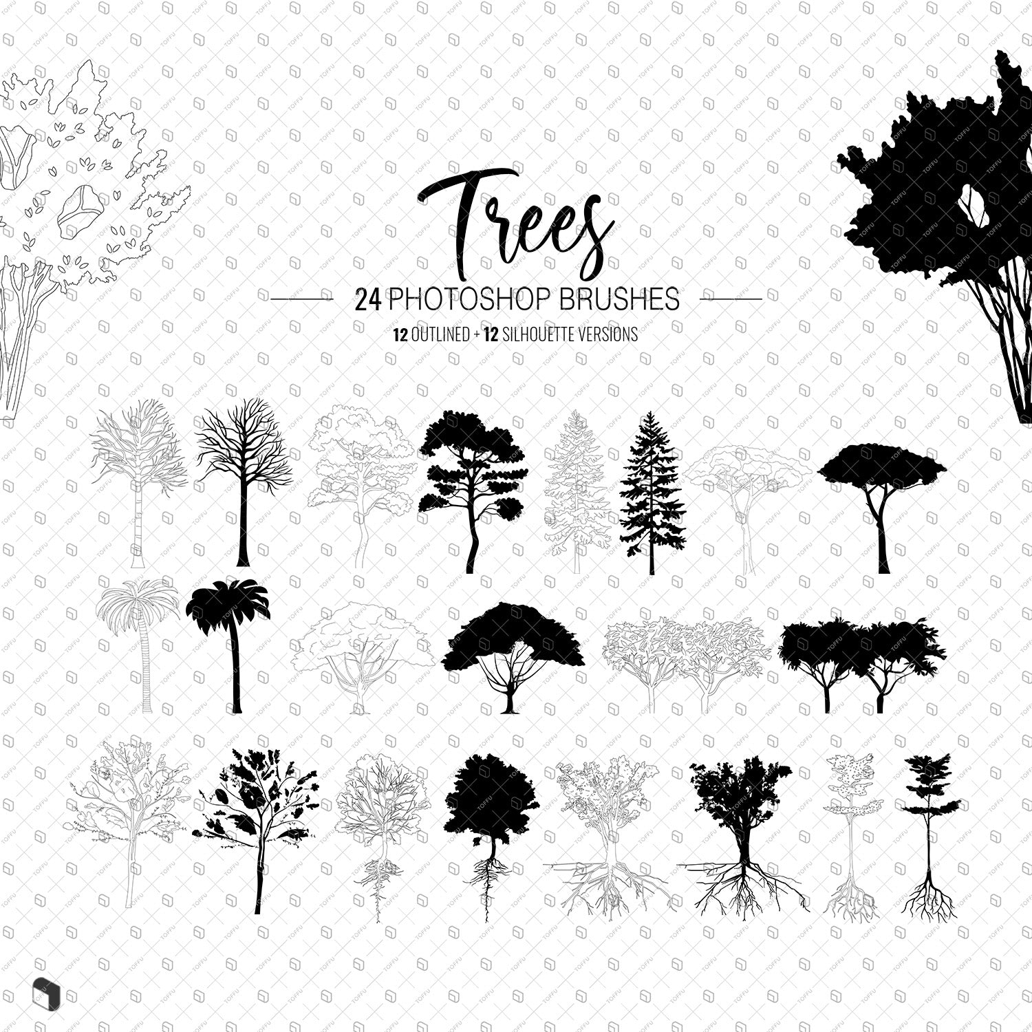 Brush Trees Outlined and Silhouette PNG - Toffu Co