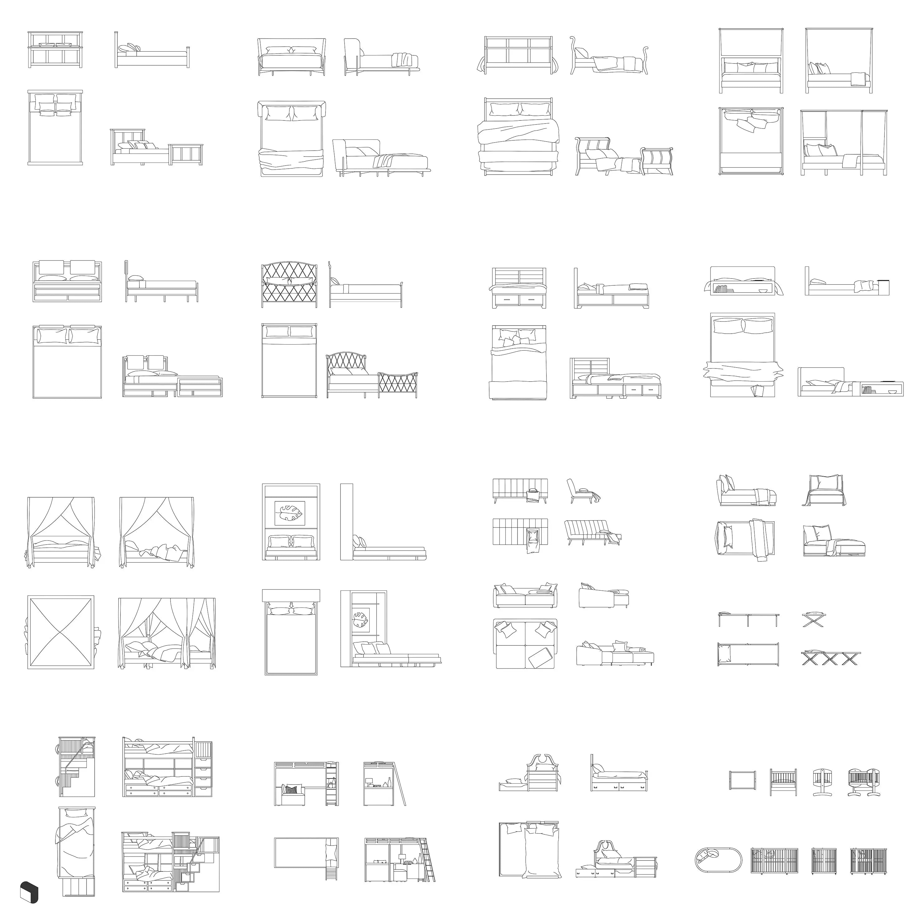 Cad Complete Beds Elevation & Top View Digital Artwork drawings | Toffu Co