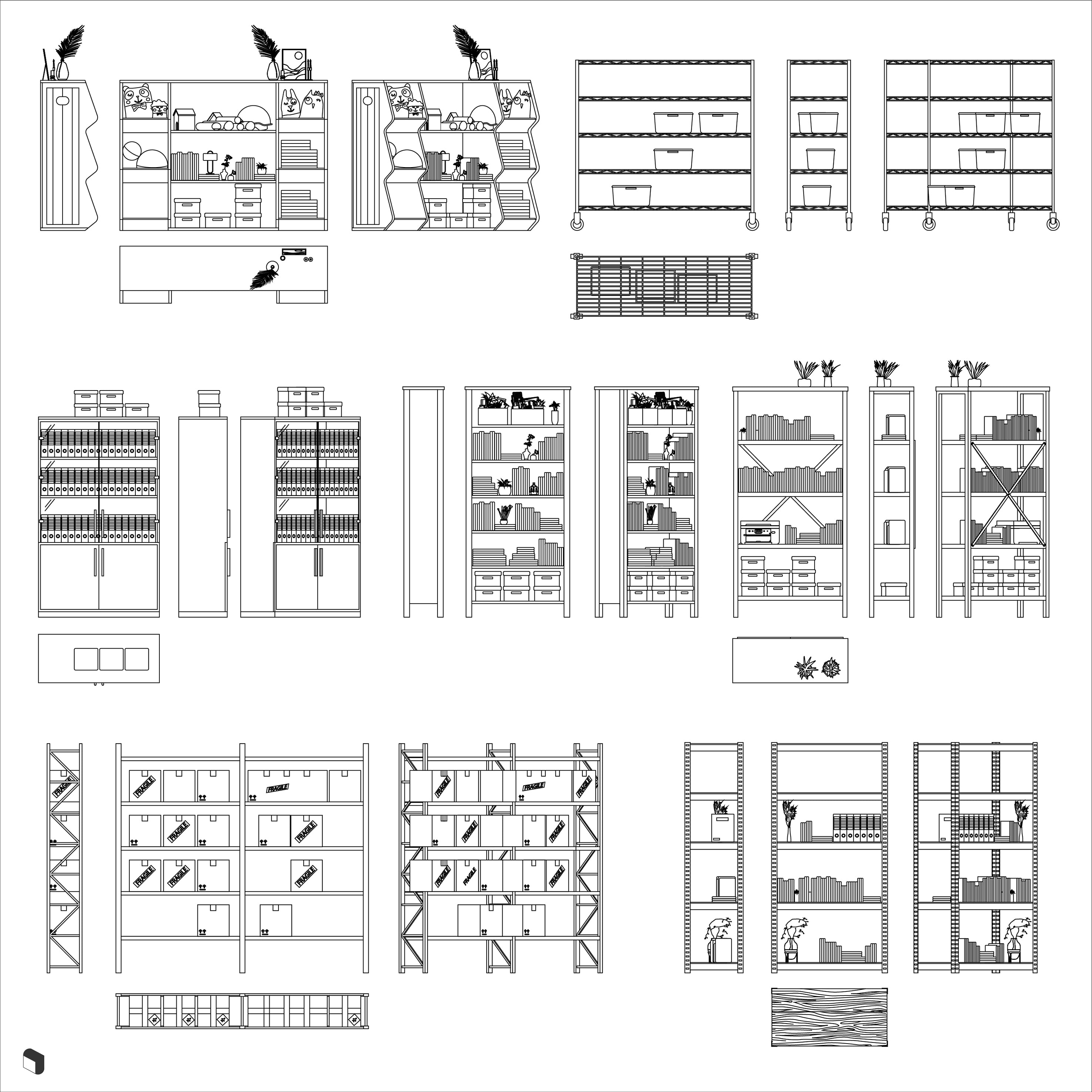Cad Complete Bookcases Elevation & Top View DWG | Toffu Co