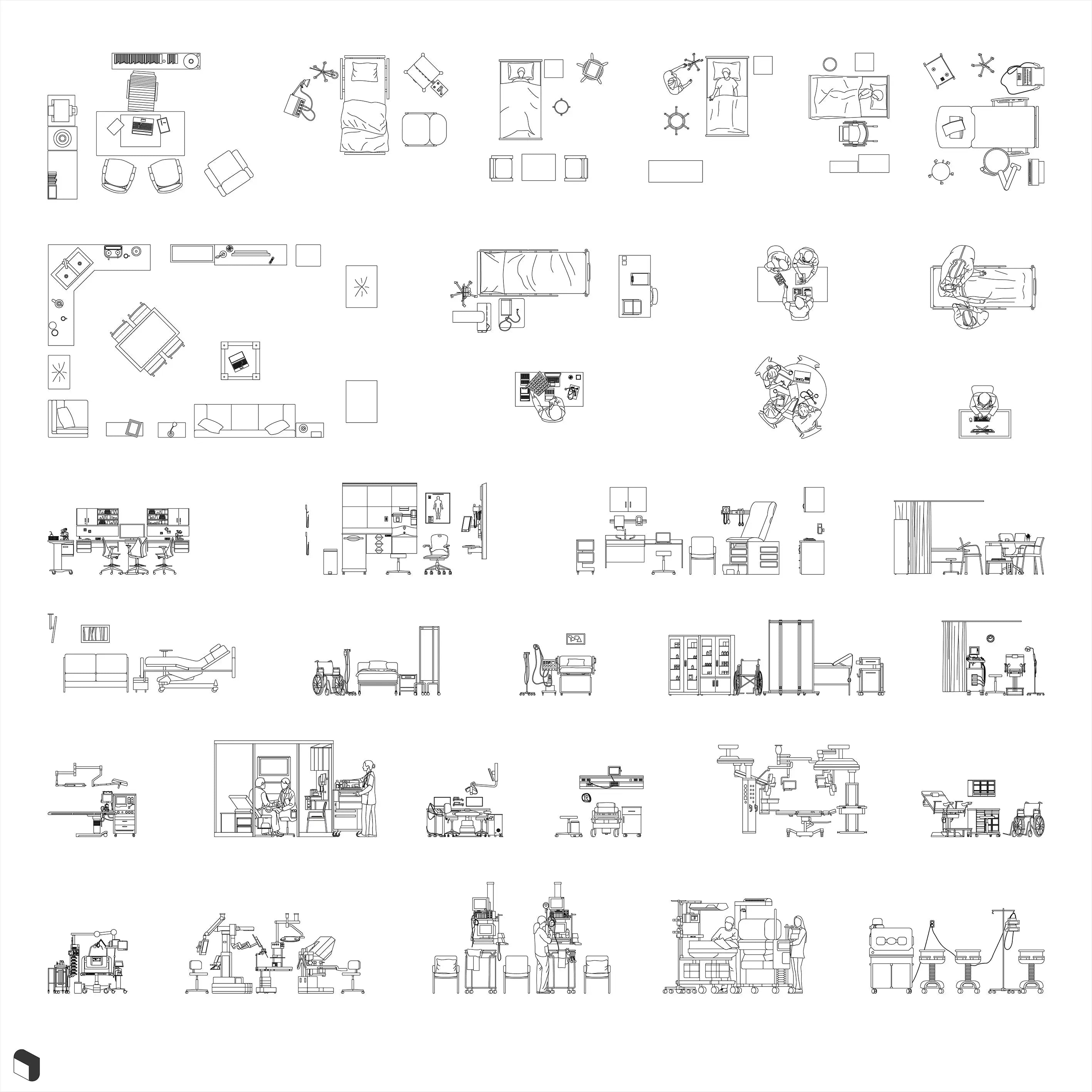 Cad Hospital Rooms Elevation & Top View Digital Artwork drawings | Toffu Co