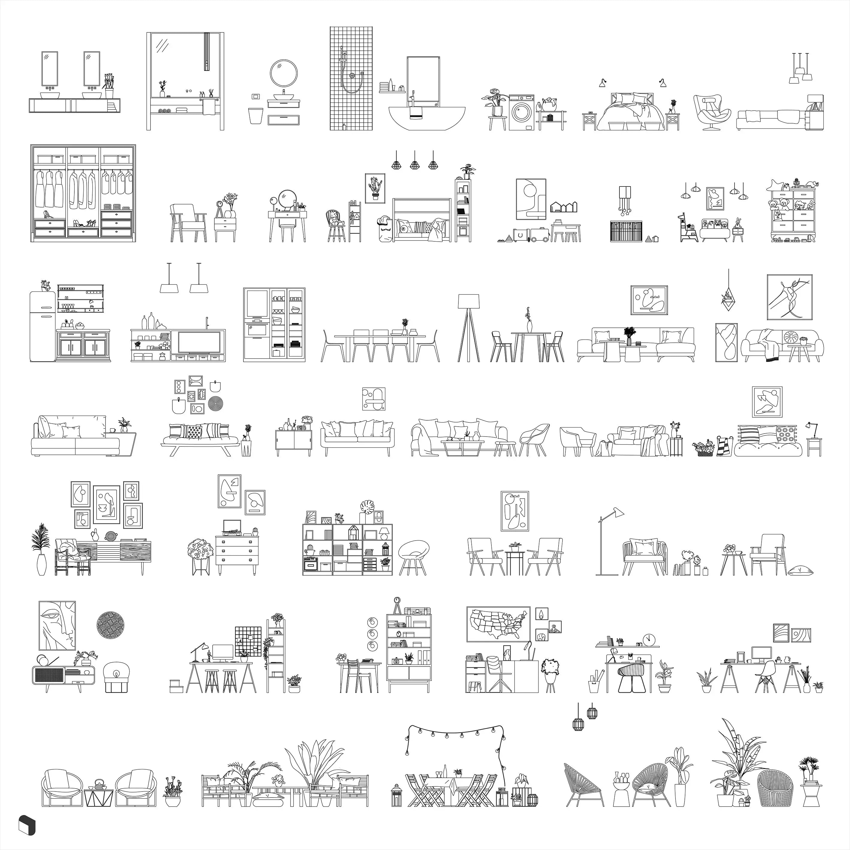 Cad Complete Interior Furniture Set Digital Artwork drawings | Toffu Co