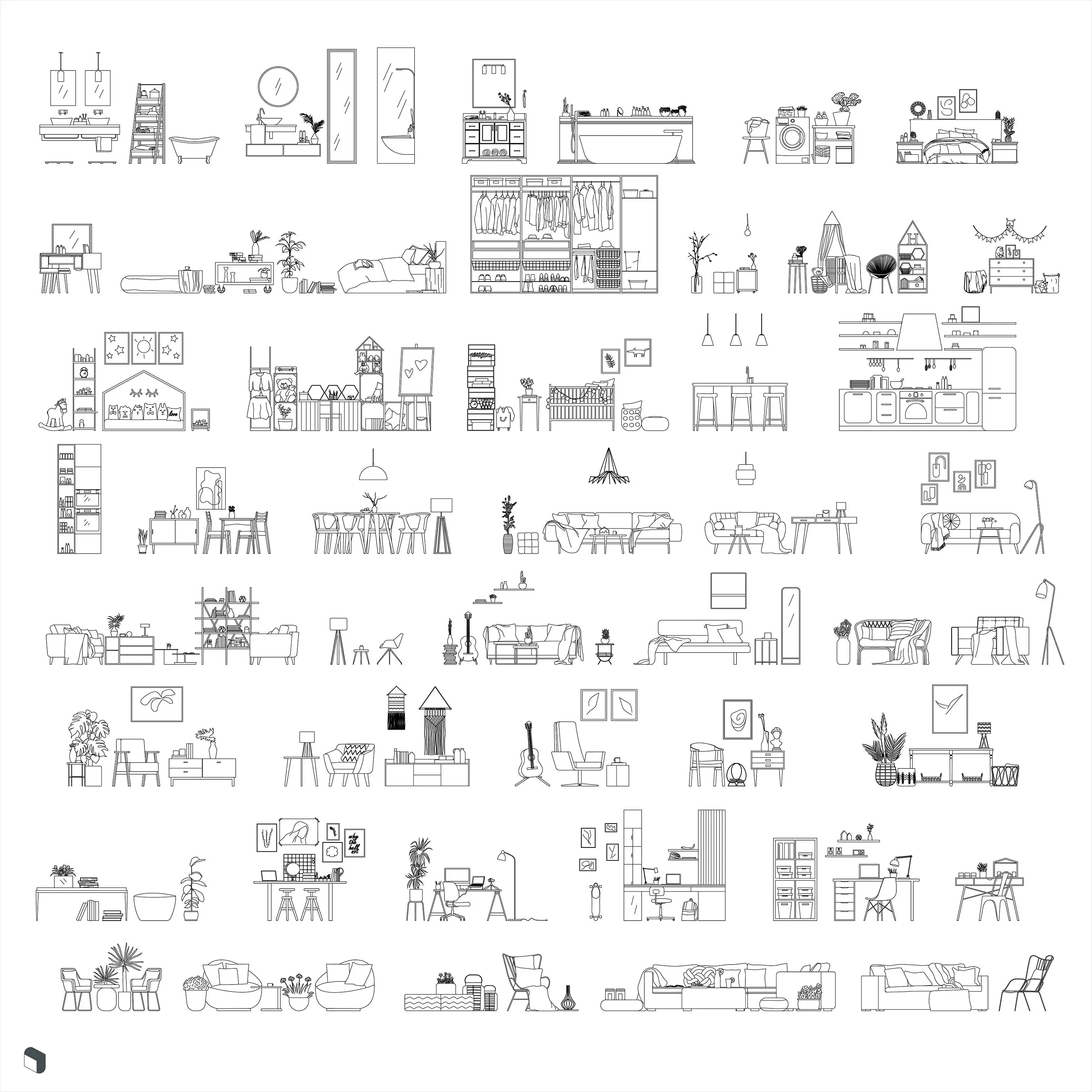 Cad Complete Interior Furniture Set Digital Artwork drawings | Toffu Co