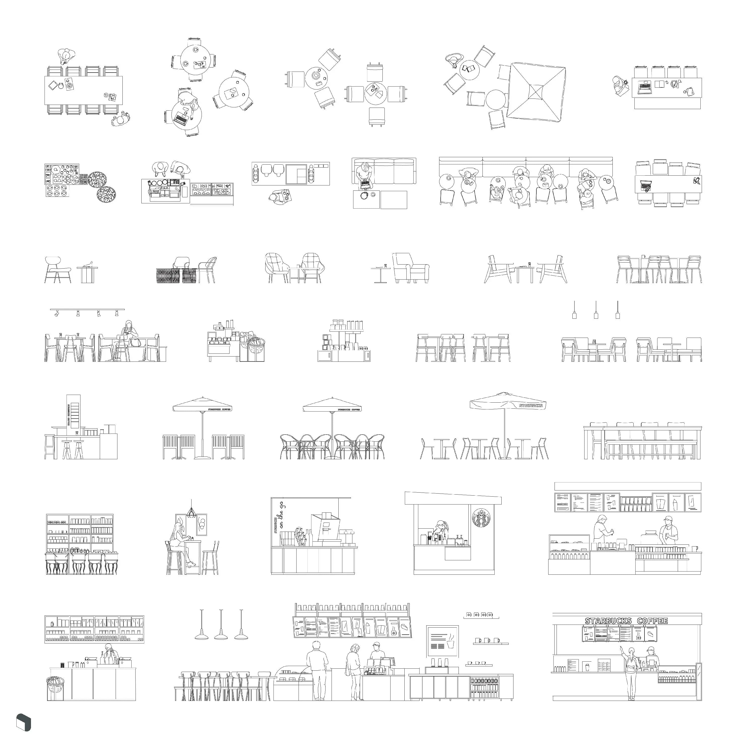Cad Starbucks Furniture Elevation & Top View Uncategorized drawings | Toffu Co