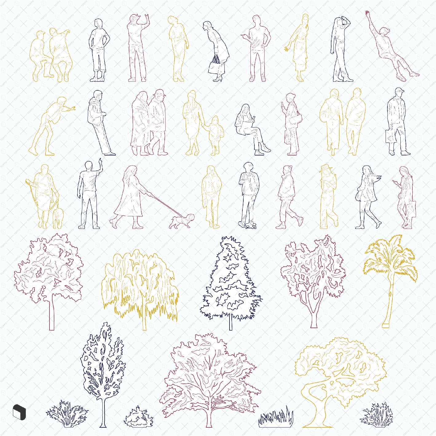 Cad Outlined People & Trees DWG | Toffu Co