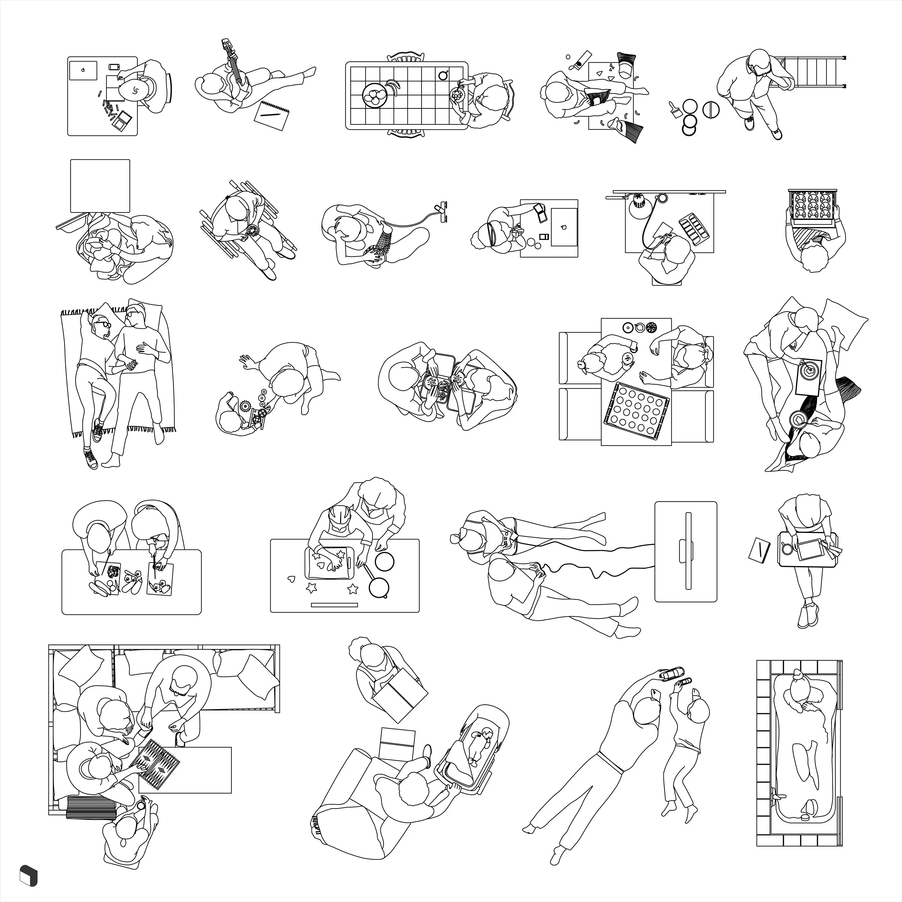 Cad People Home Activities Top View 3 Digital Artwork drawings | Toffu Co