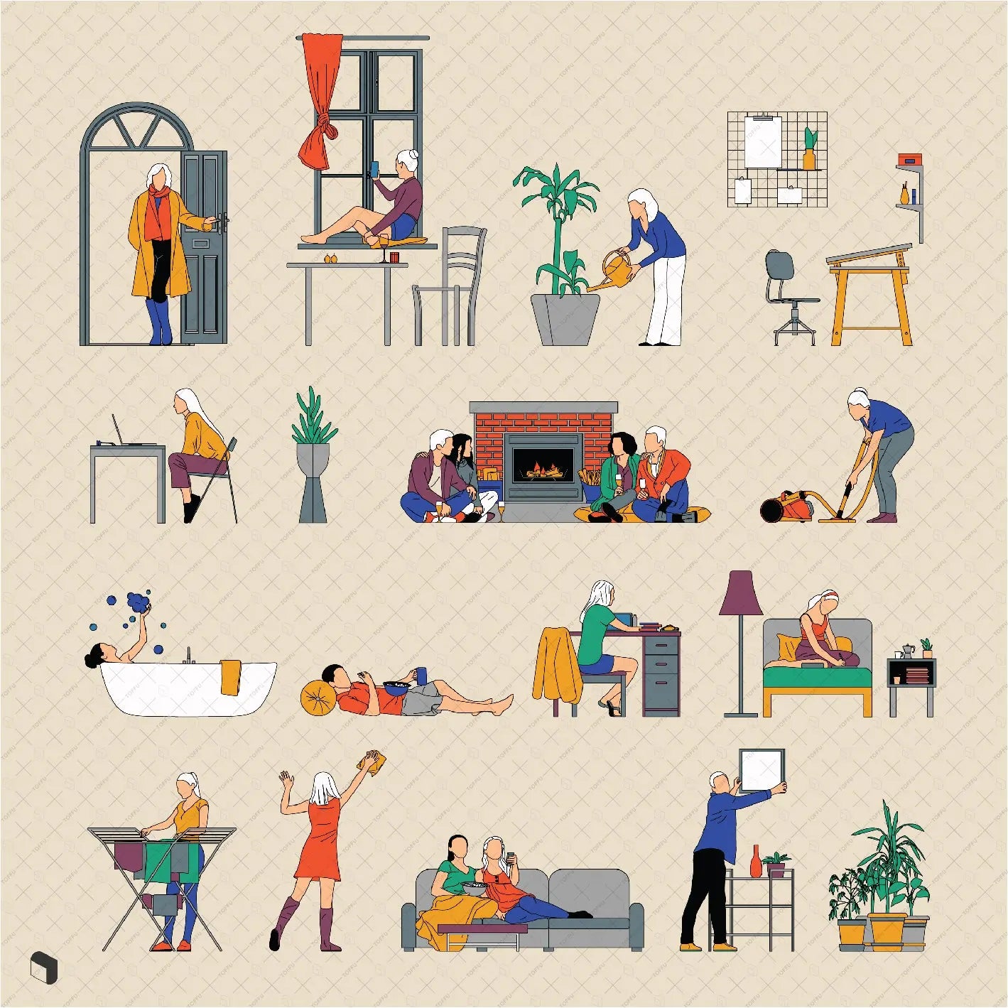Flat Vector Outlined Interior People Digital Artwork drawings | Toffu Co