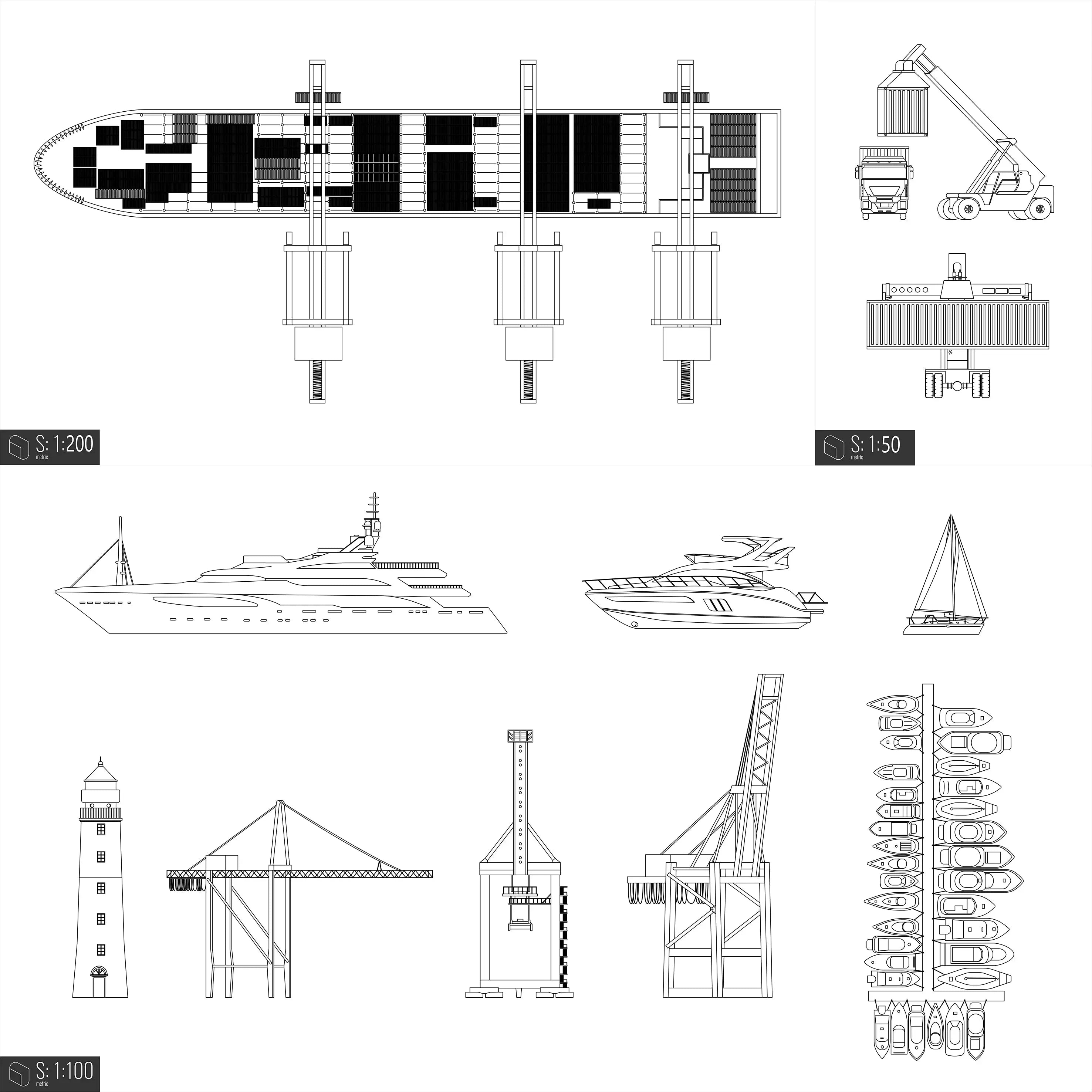 Cad Seaport Elevation & Top View Digital Artwork drawings | Toffu Co