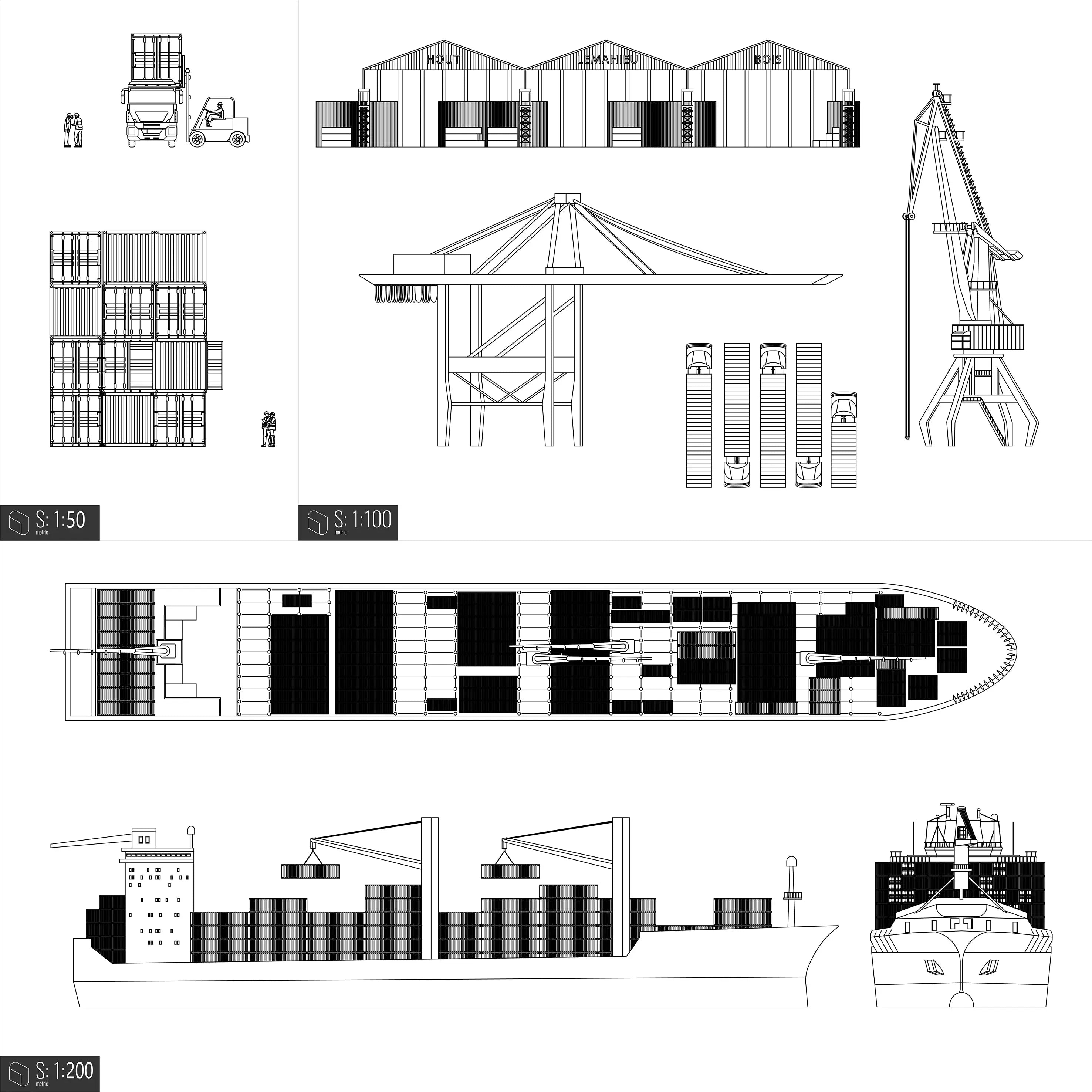 Cad Seaport Elevation & Top View 2 Digital Artwork drawings | Toffu Co