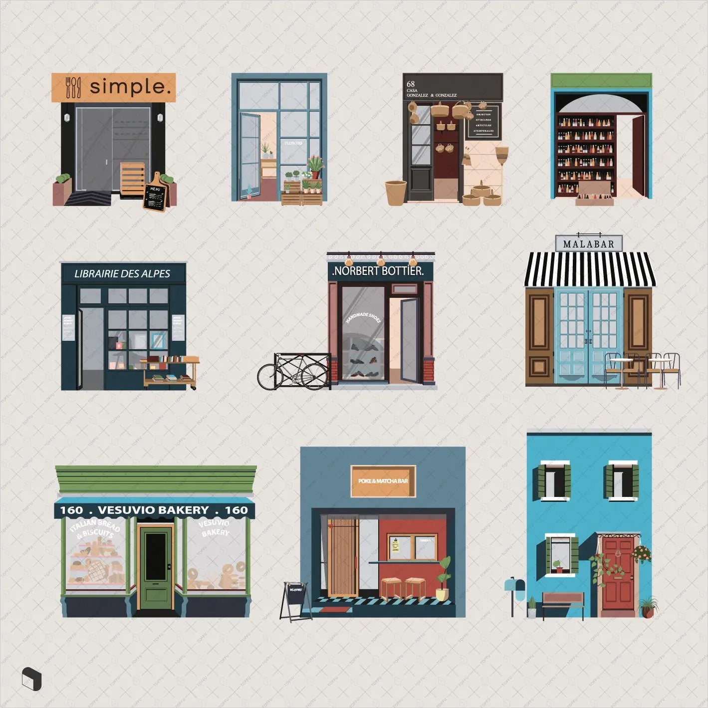 Flat Vector Facades Digital Artwork drawings | Toffu Co