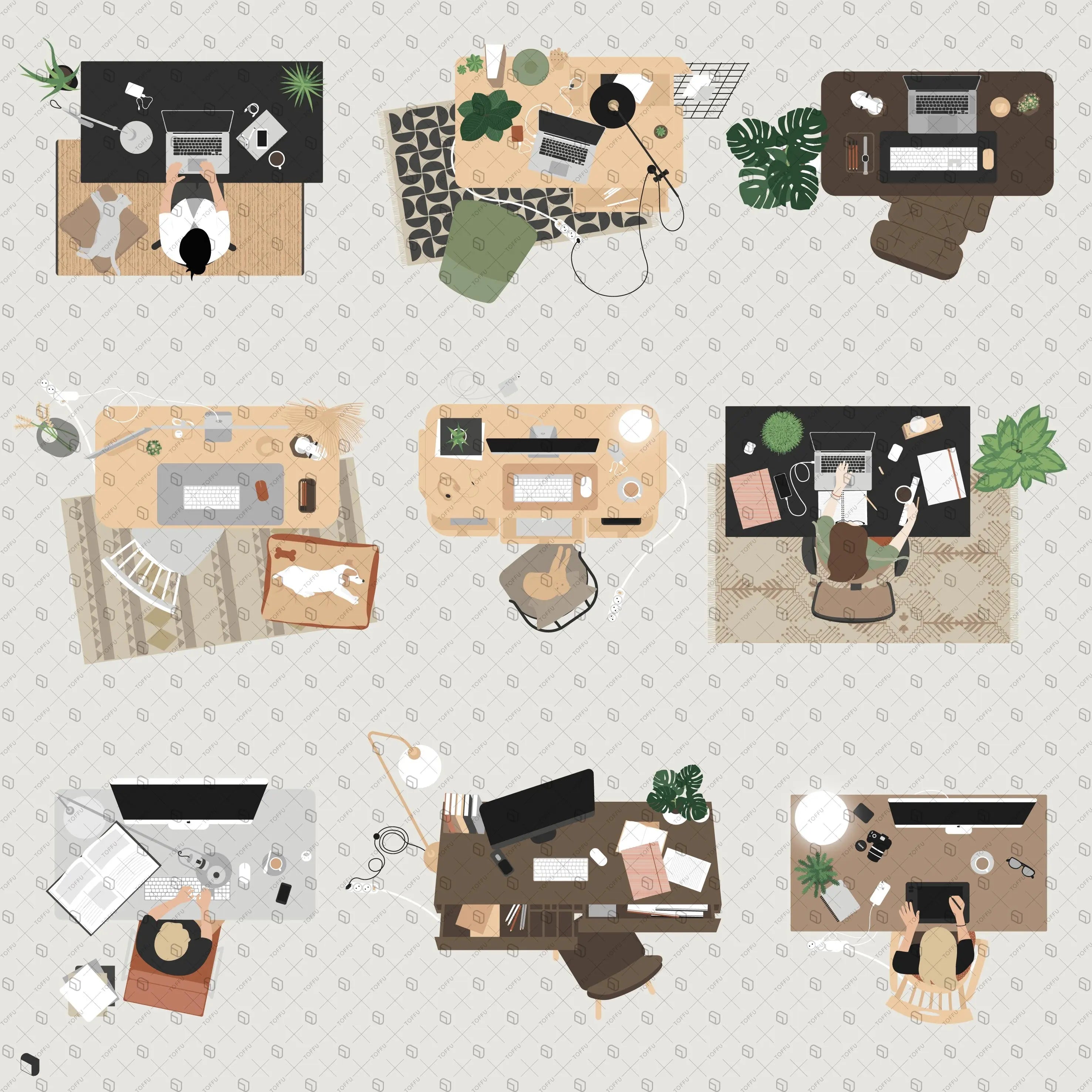 Flat Vector Home Office Furniture Top View Digital Artwork drawings | Toffu Co