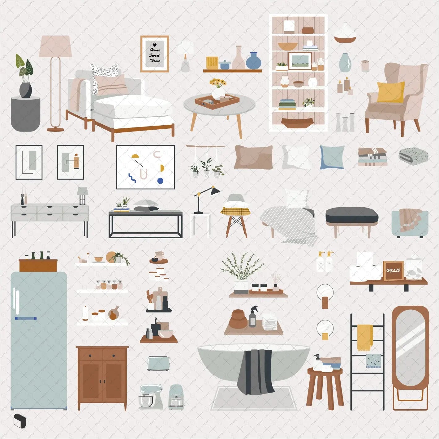 Flat Vector Hygge Furniture Digital Artwork drawings | Toffu Co