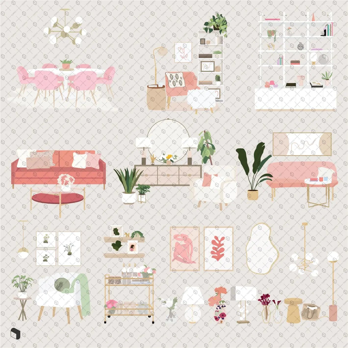 Flat Vector Modern Chic Furniture Digital Artwork drawings | Toffu Co