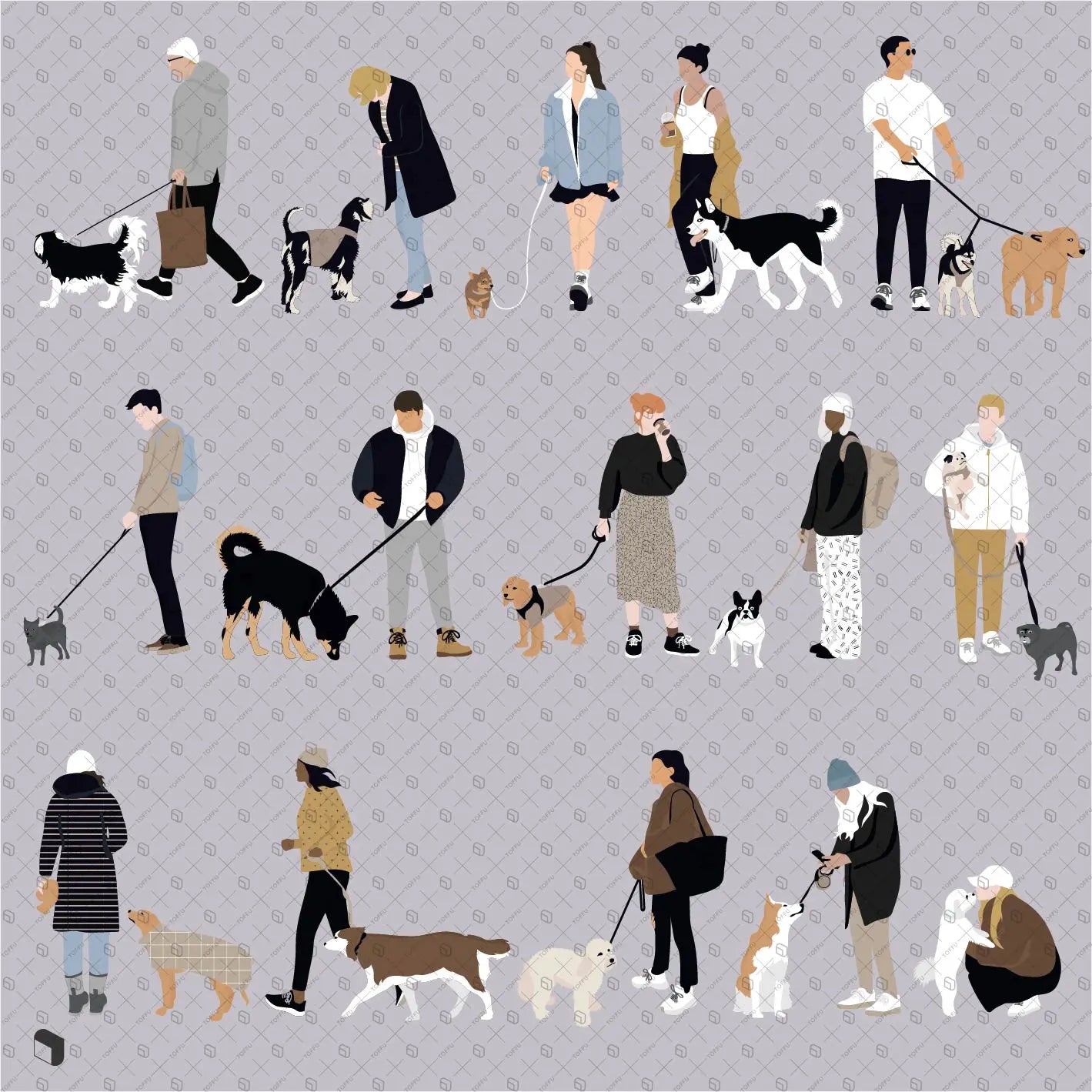 Flat Vector Dog Walkers 2 Digital Artwork drawings | Toffu Co