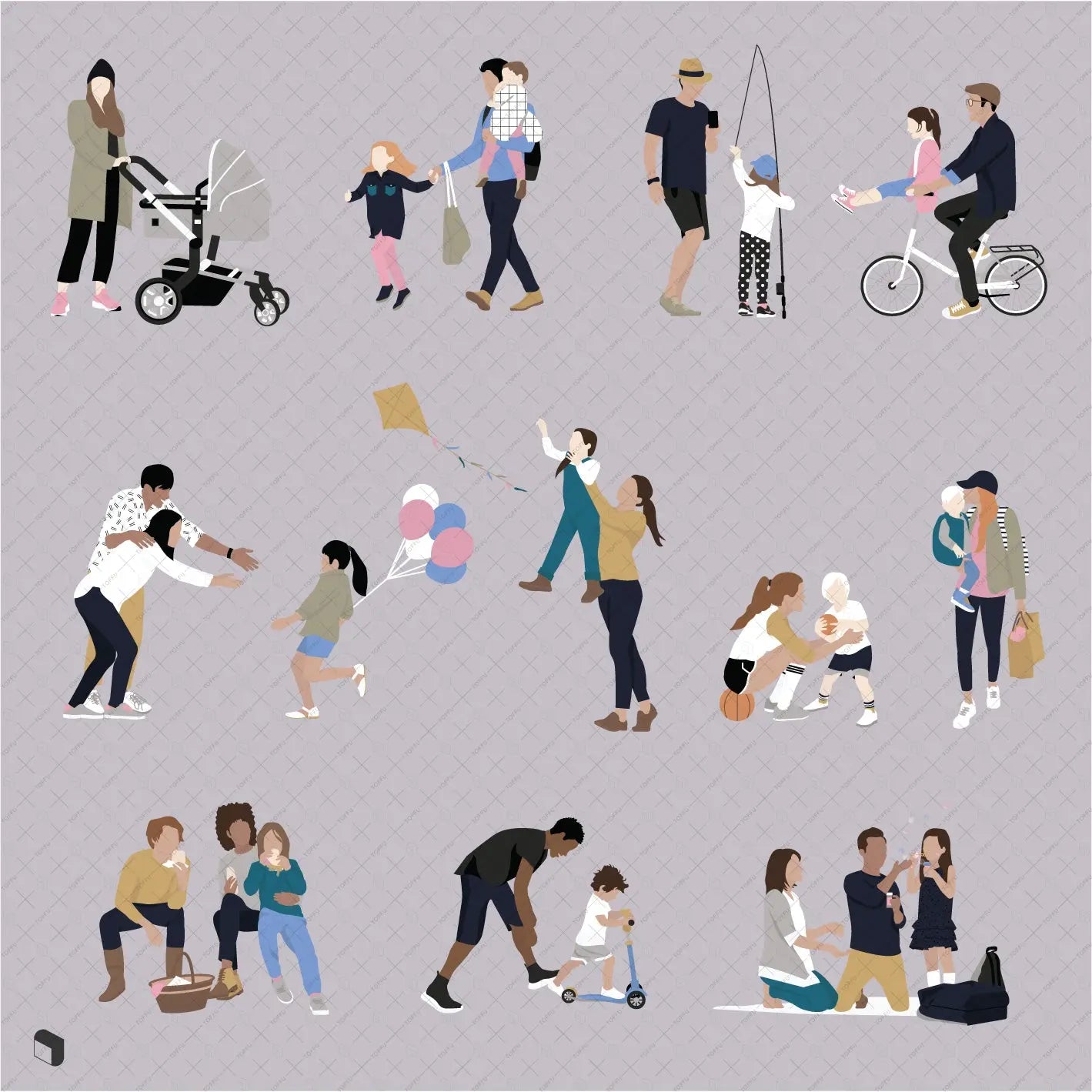 Flat Vector Families 3 Digital Artwork drawings | Toffu Co