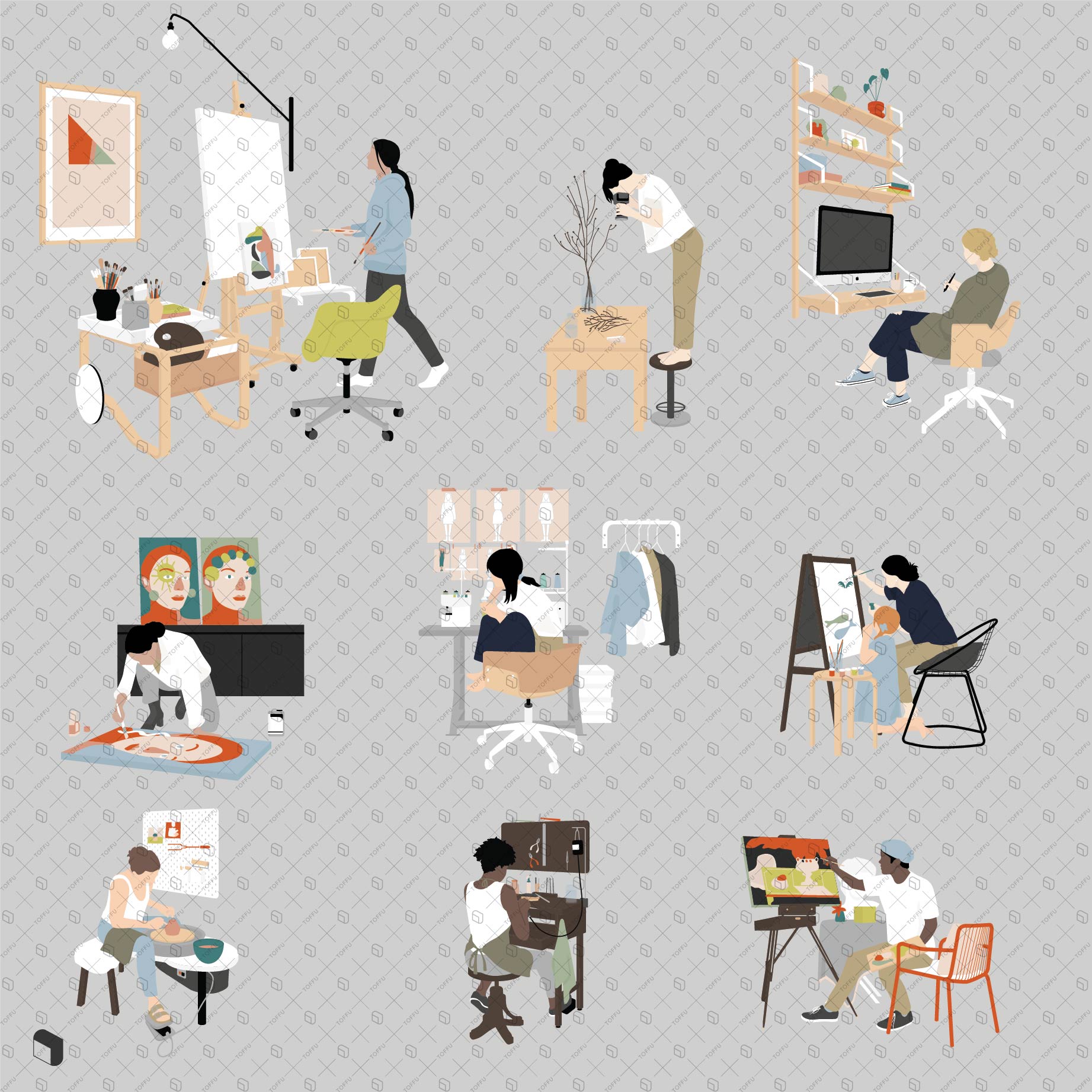 Flat Vector Artist Work Space PNG - Toffu Co