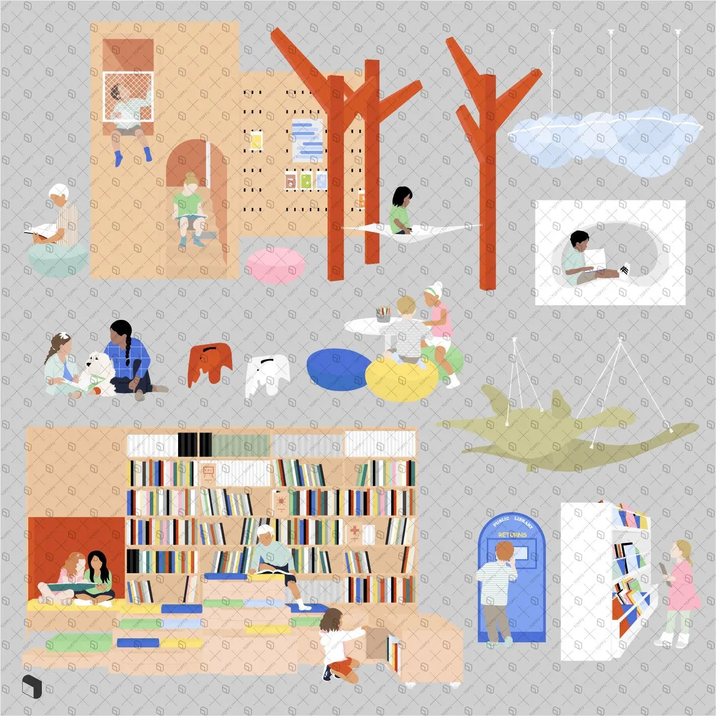 Flat Vector Children's Library Digital Artwork drawings | Toffu Co