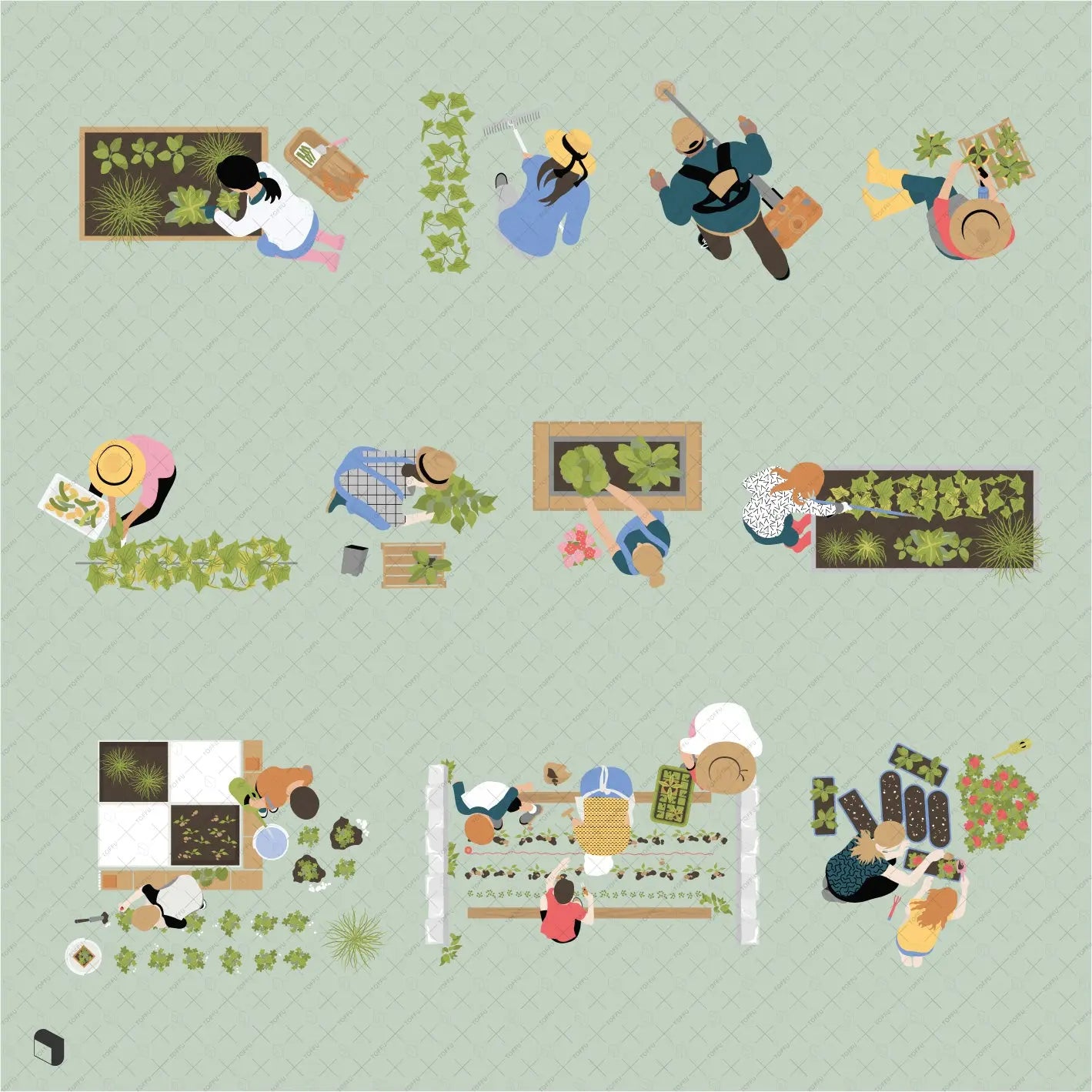 Flat Vector Gardening Top View Digital Artwork drawings | Toffu Co