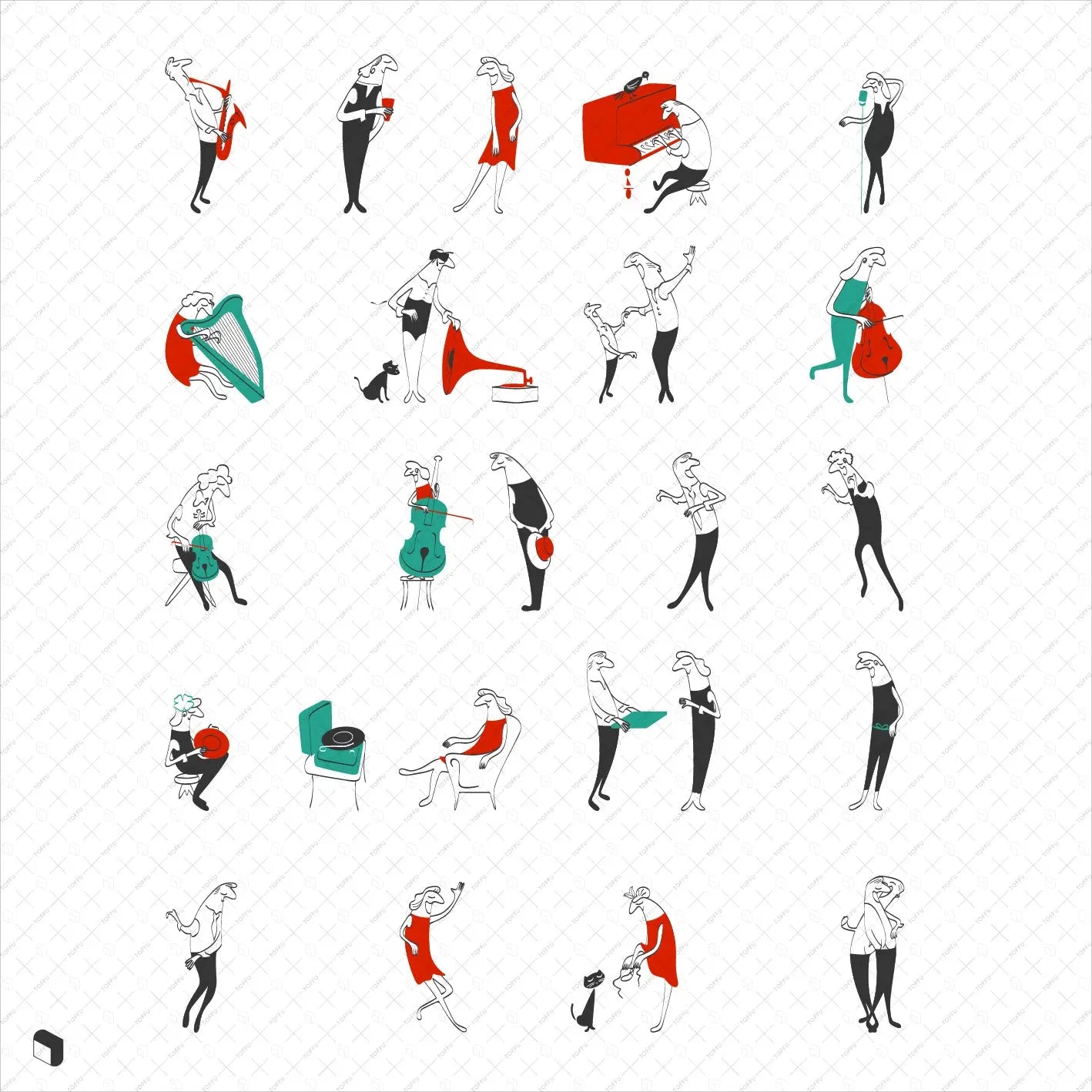Flat Vector Jazzy People Digital Artwork drawings | Toffu Co