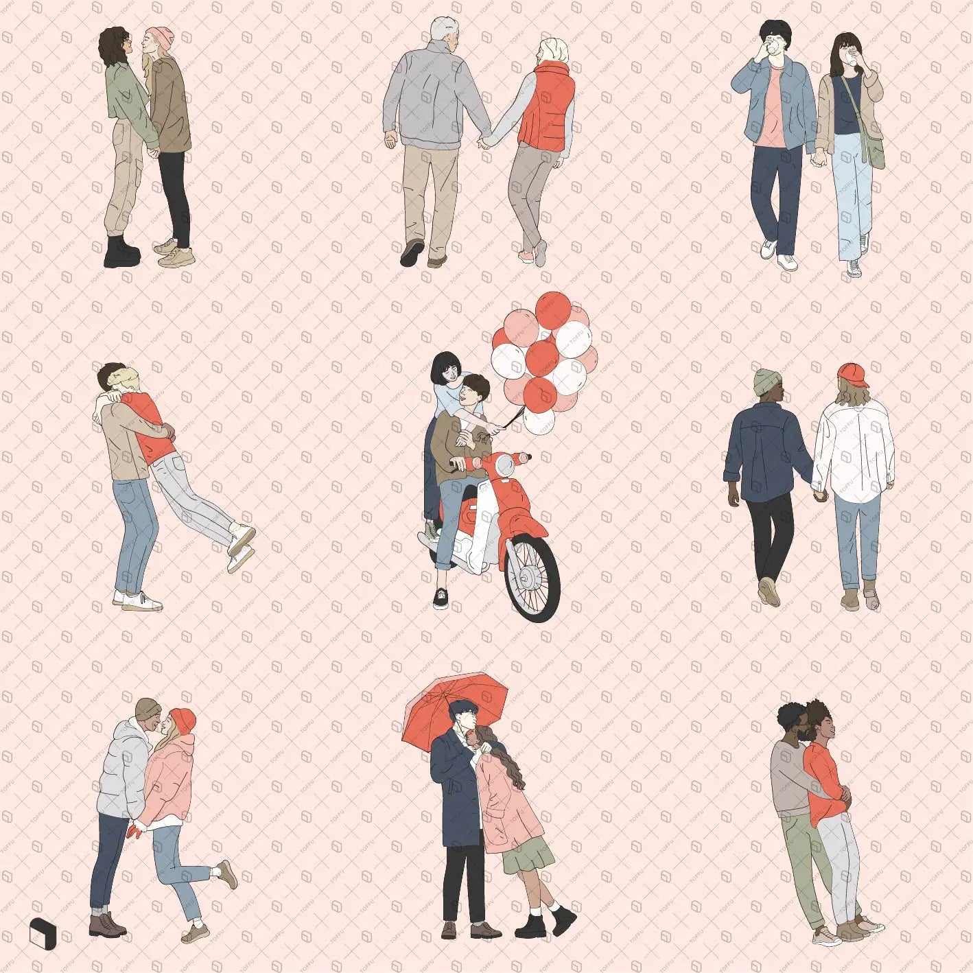 Flat Vector Outlined Valentine's Day People Digital Artwork drawings | Toffu Co