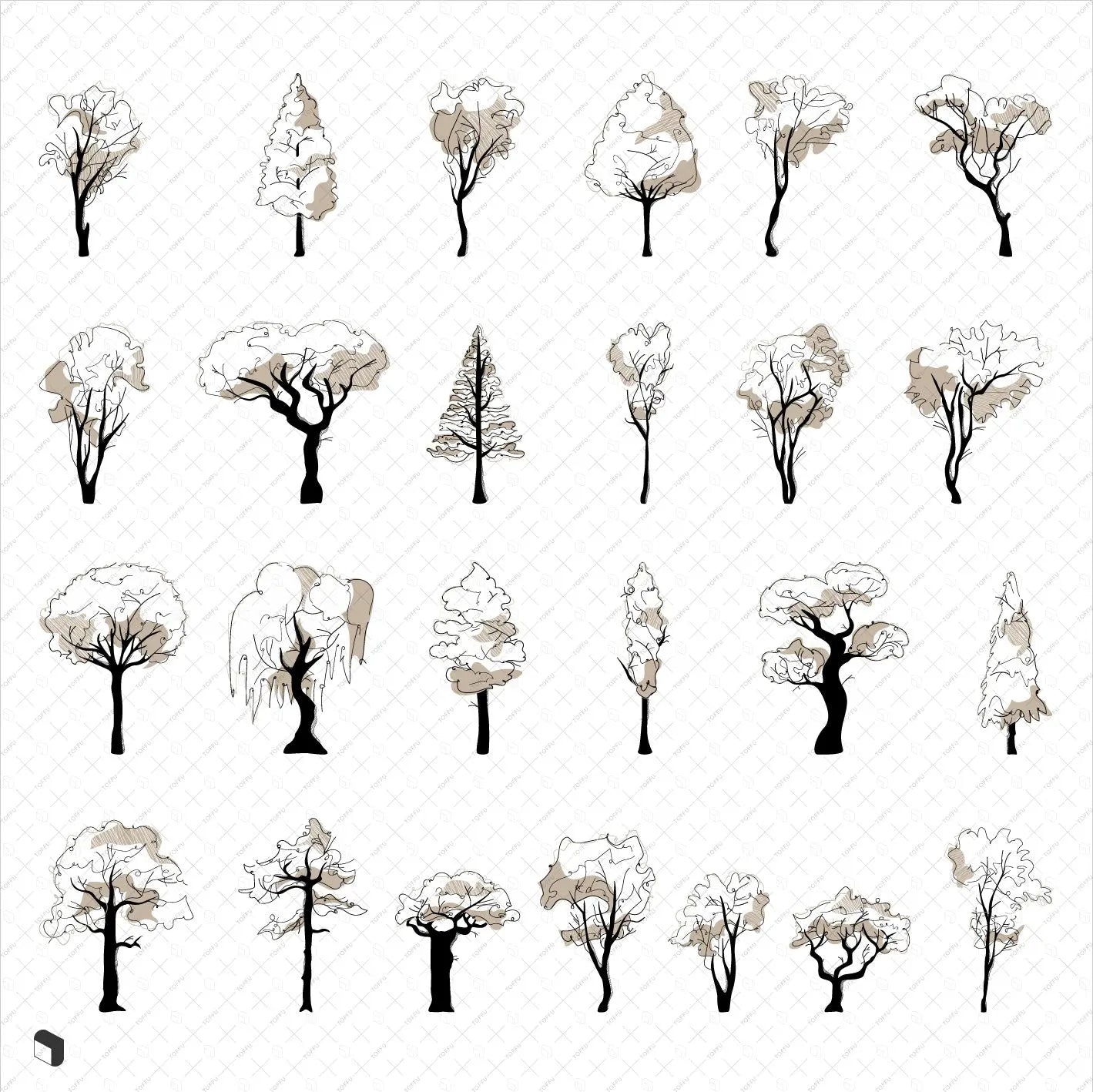 Flat Vector Freehand Trees 2 Digital Artwork drawings | Toffu Co